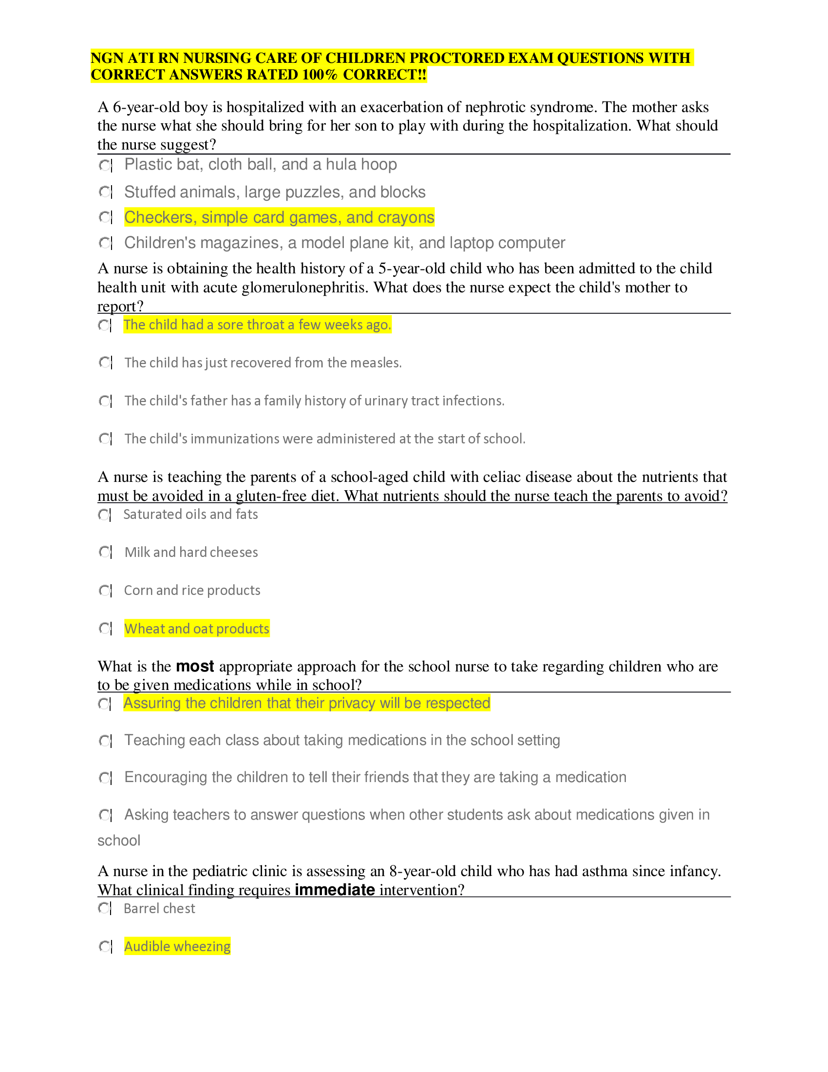 NGN ATI RN NURSING CARE OF CHILDREN PROCTORED EXAM QUESTIONS WITH CORRECT ANSWERS RATED 100% CORRECT!!