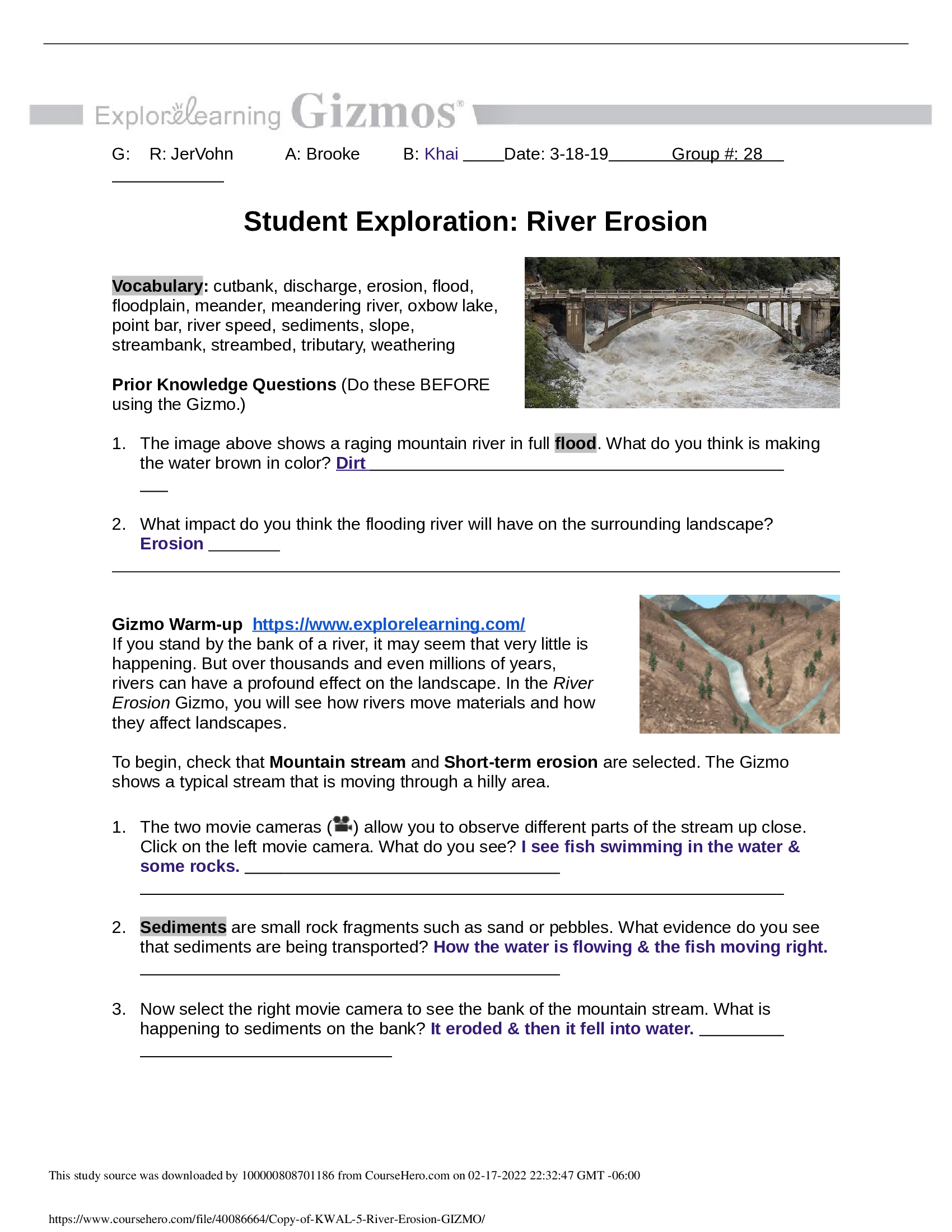 GIZMOs Copy of KWAL 5 River Erosion Group Answers A+ Work