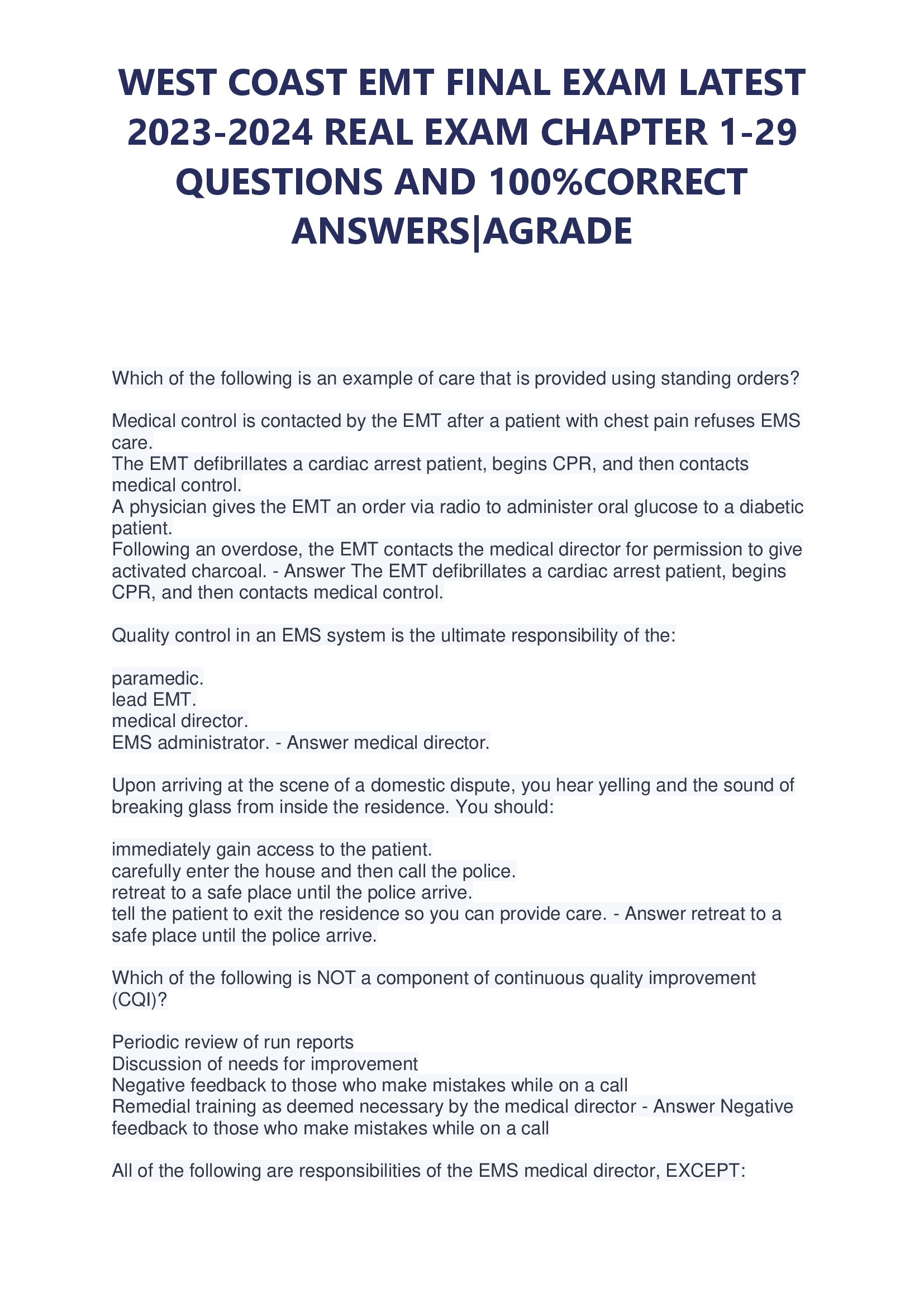 WEST COAST EMT FINAL EXAM LATEST2023-2024 REAL EXAM CHAPTER 1-29 QUESTIONS AND 100% CORRECT ANSWERS|A GRADE