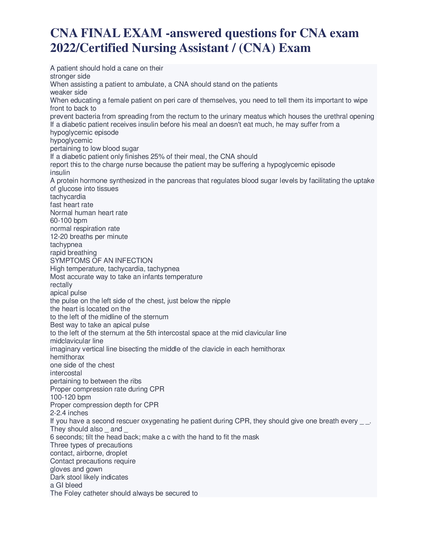 CNA FINAL EXAM -answered questions for CNA exam 2022, Certified Nursing Assistant | (CNA) Exam