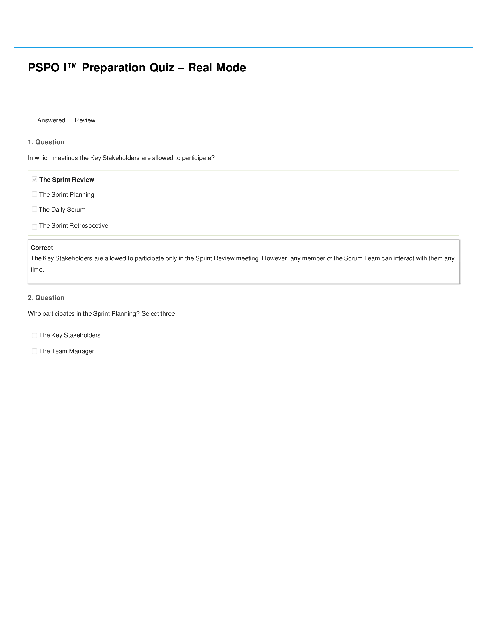 PSPO I Preparation Quiz – Real Mode- Answers Provided