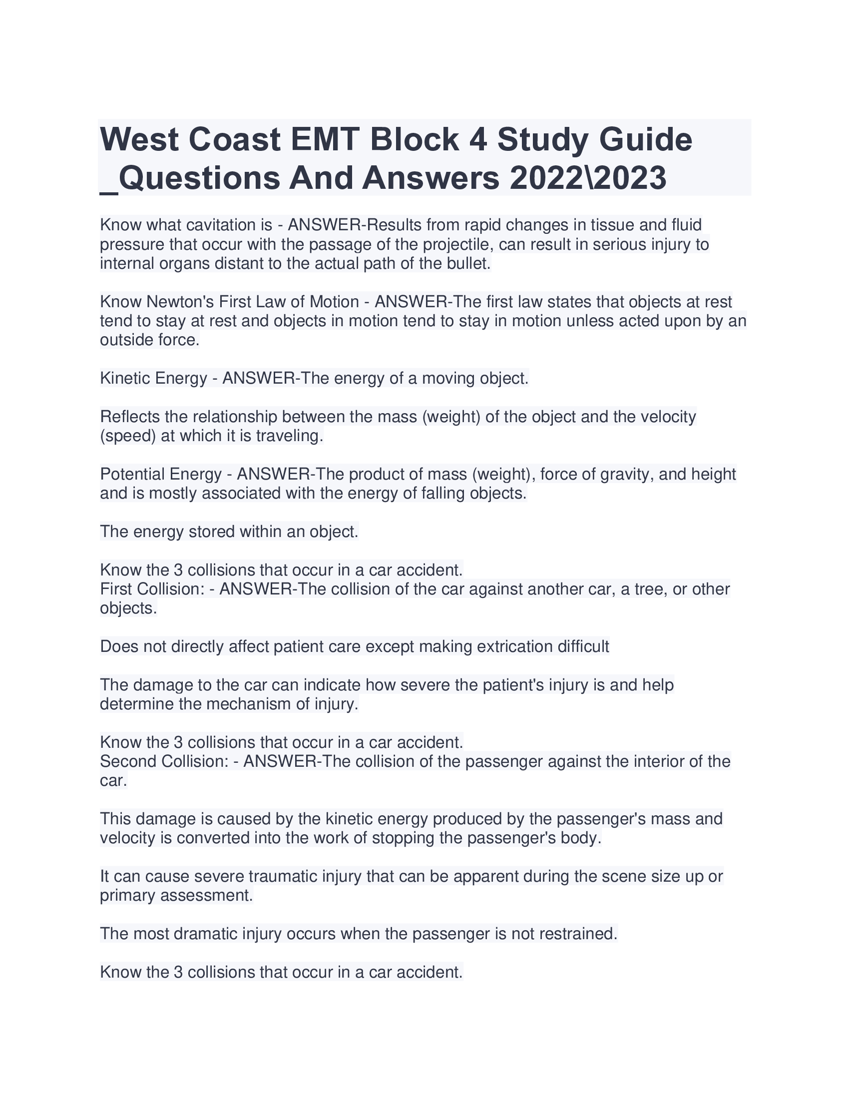 West Coast EMT Block 4 Study Guide _Questions And Answers 2022\2023