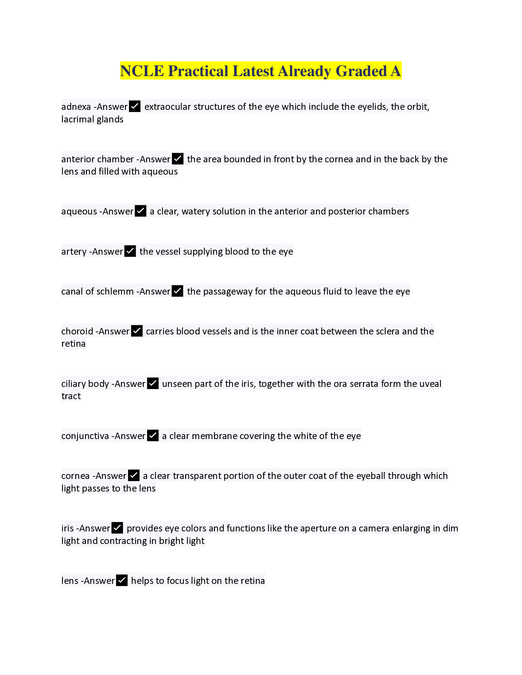 ABO & NCLE Practical Exam Answers. Latest Already Graded A