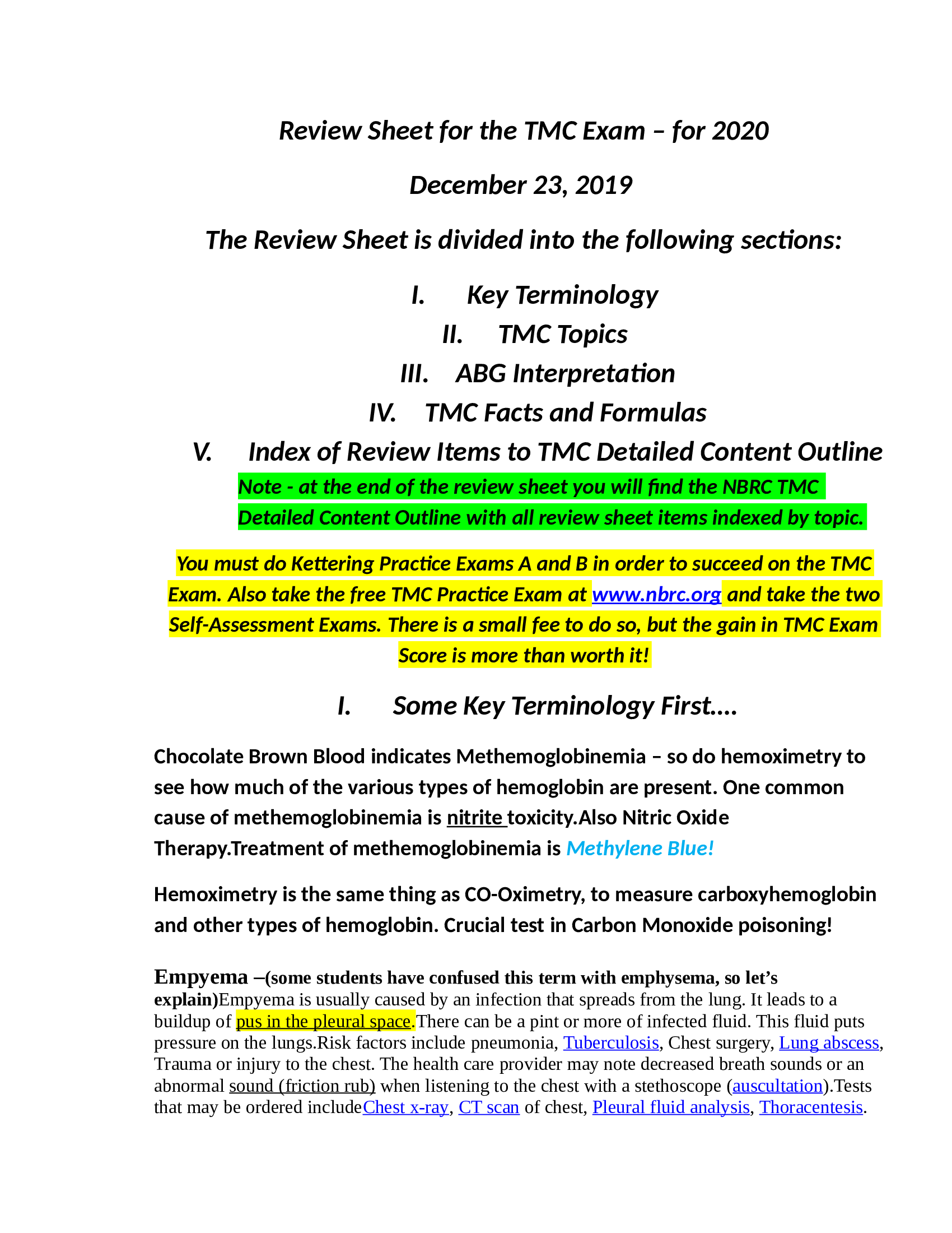 TMC Exam Review Sheet for 2020