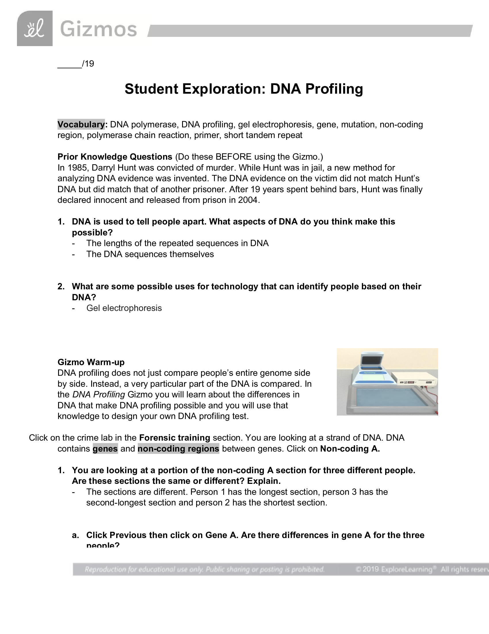 Gizmos - Student Exploration: DNA Profiling Answer key.