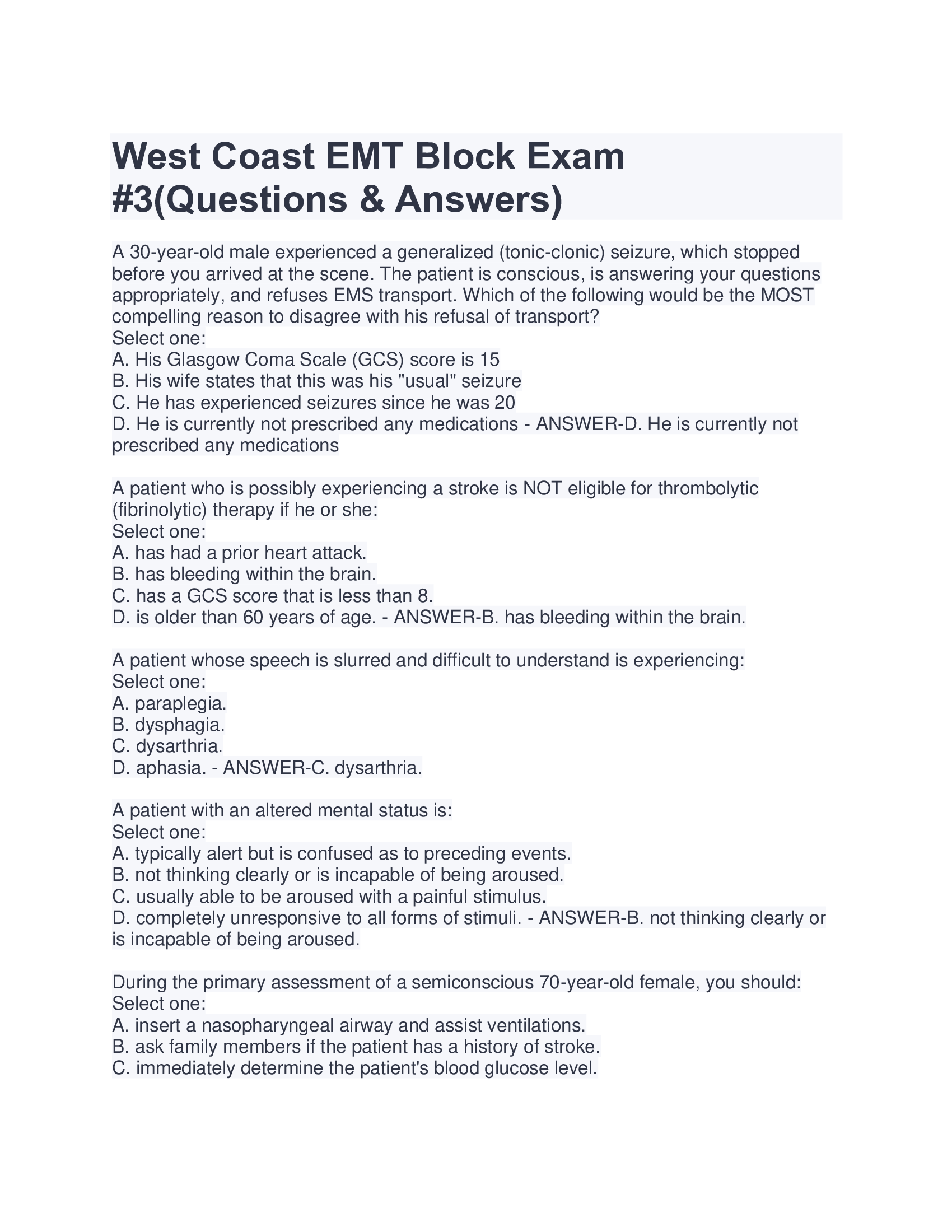West Coast EMT Block 3 Exam with Correct Answers