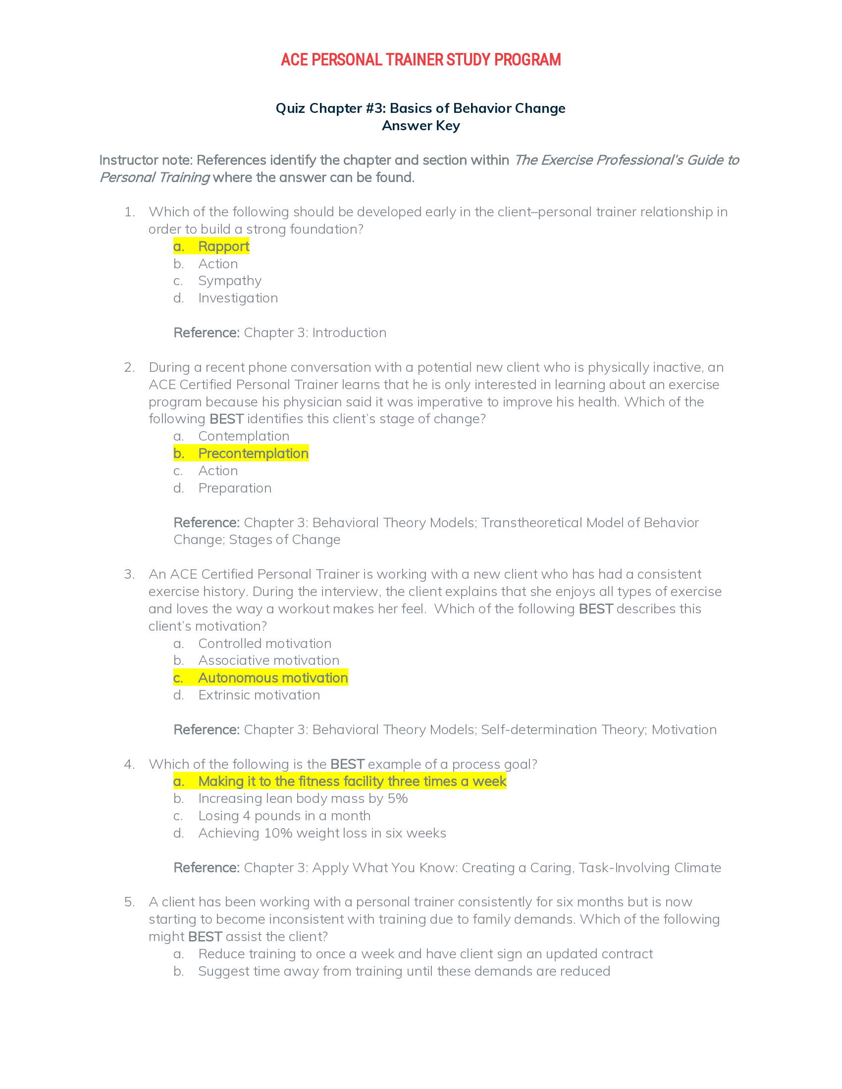 ACE PERSONAL TRAINER STUDY PROGRAM Quiz Chapter 3: Basics of Behavior Change Answer Key