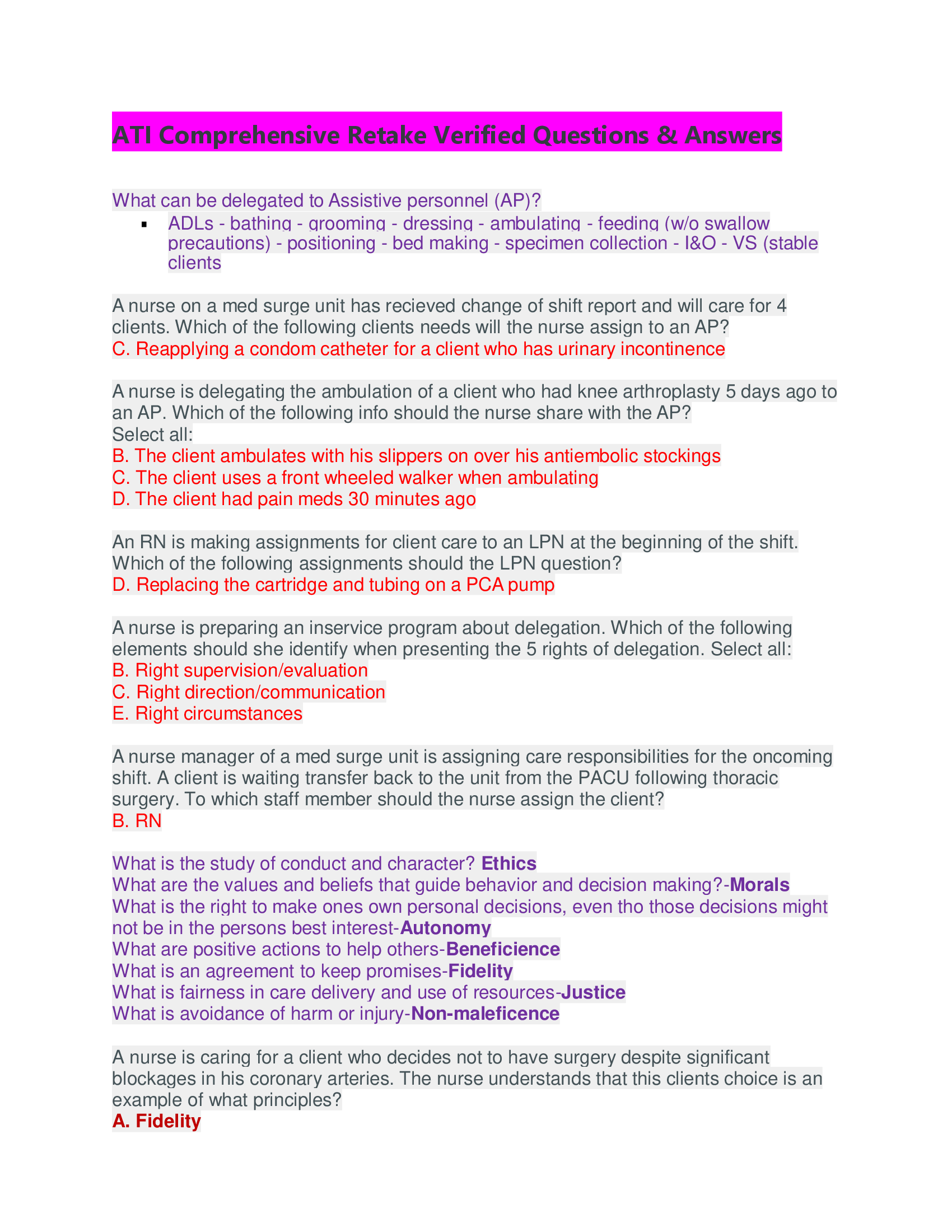 ATI PN Comprehensive Retake Verified Questions & Answers.