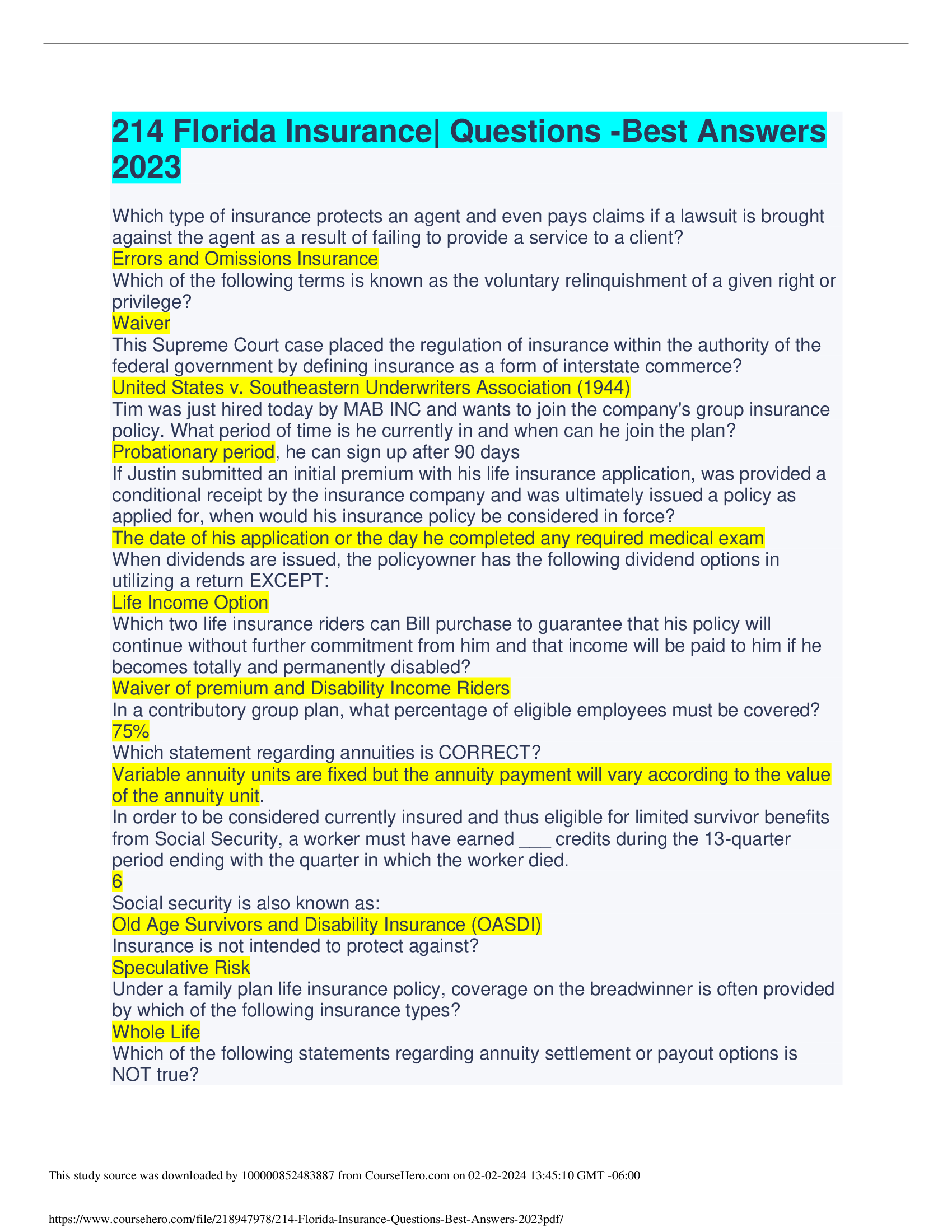 214 Florida Insurance Exam Questions And Answers (Solved)