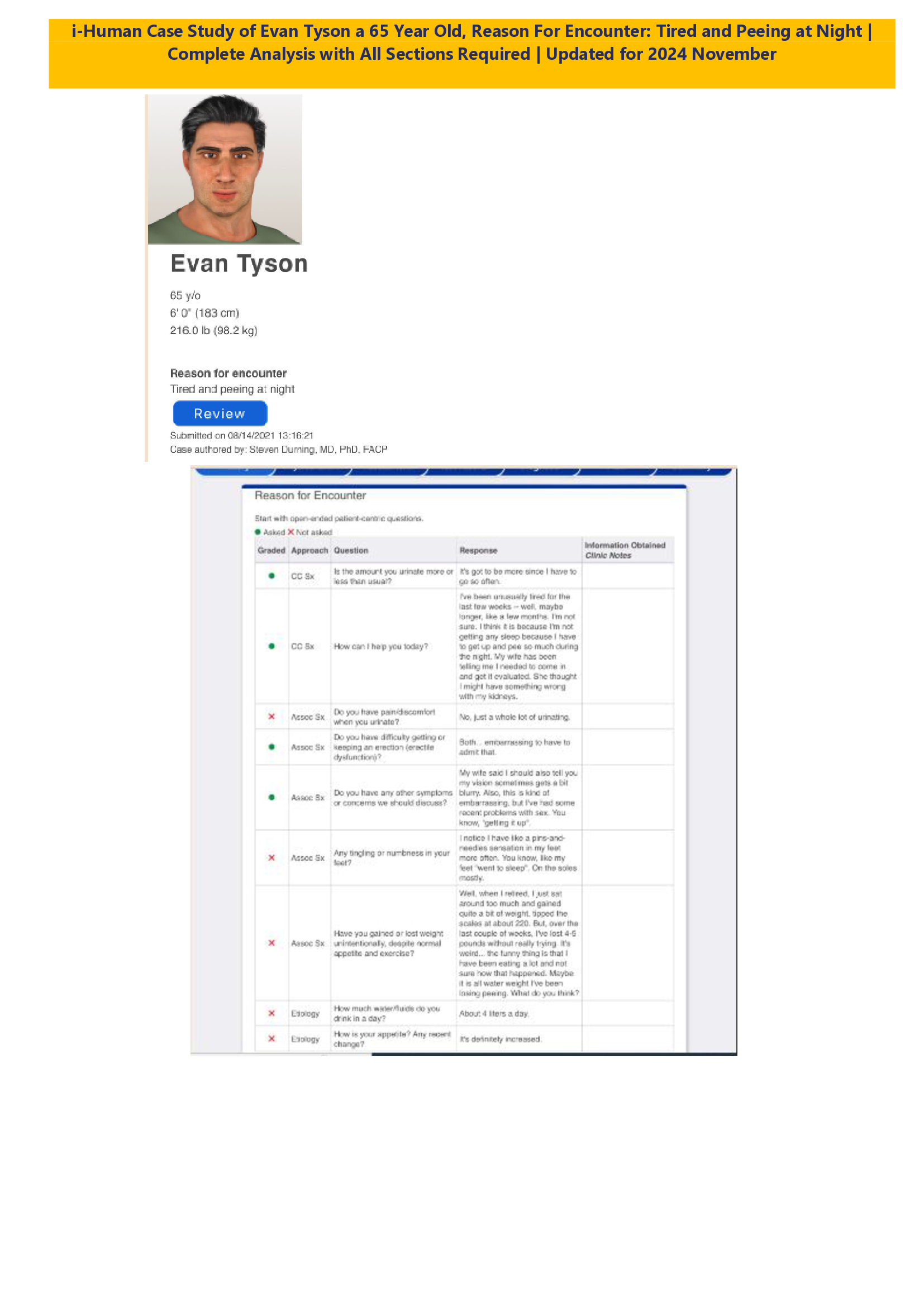 i-Human Case Study of Evan Tyson a 65 Year Old, Reason For Encounter: Tired and Peeing at Night | Complete Analysis with All Sections Required | Updated for 2024 November