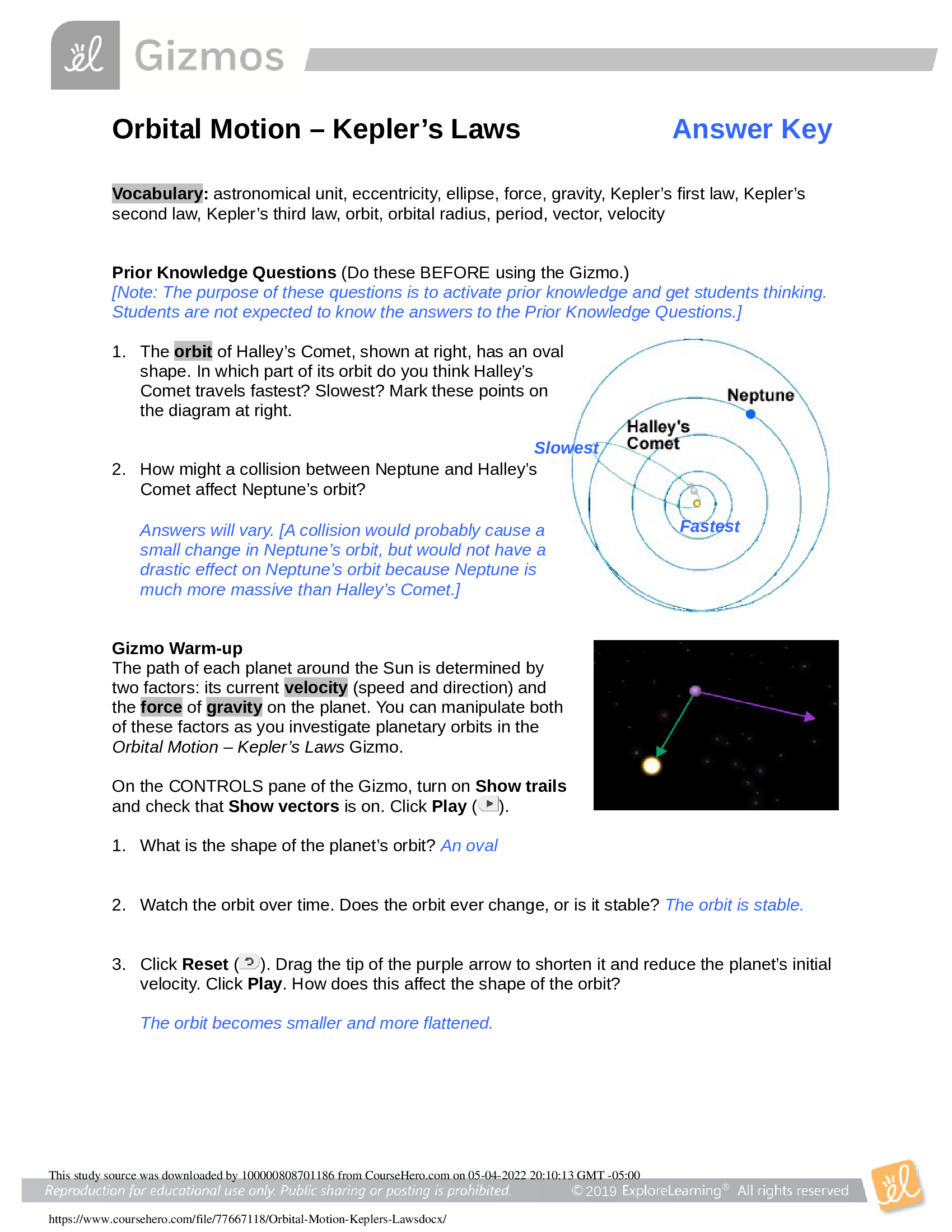 Gizmos - Orbital Motion – Kepler’s Laws Answer Key 2022
