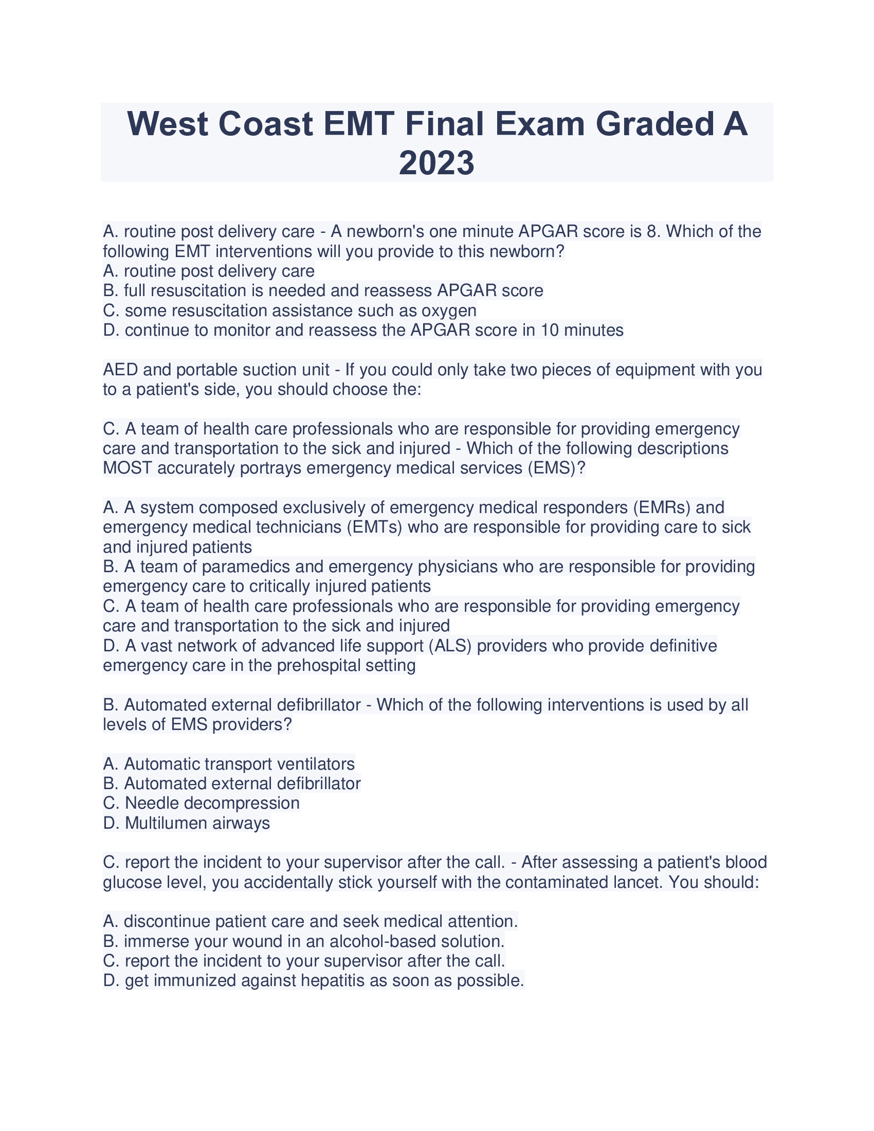 West Coast EMT Final Exam Graded A 2023