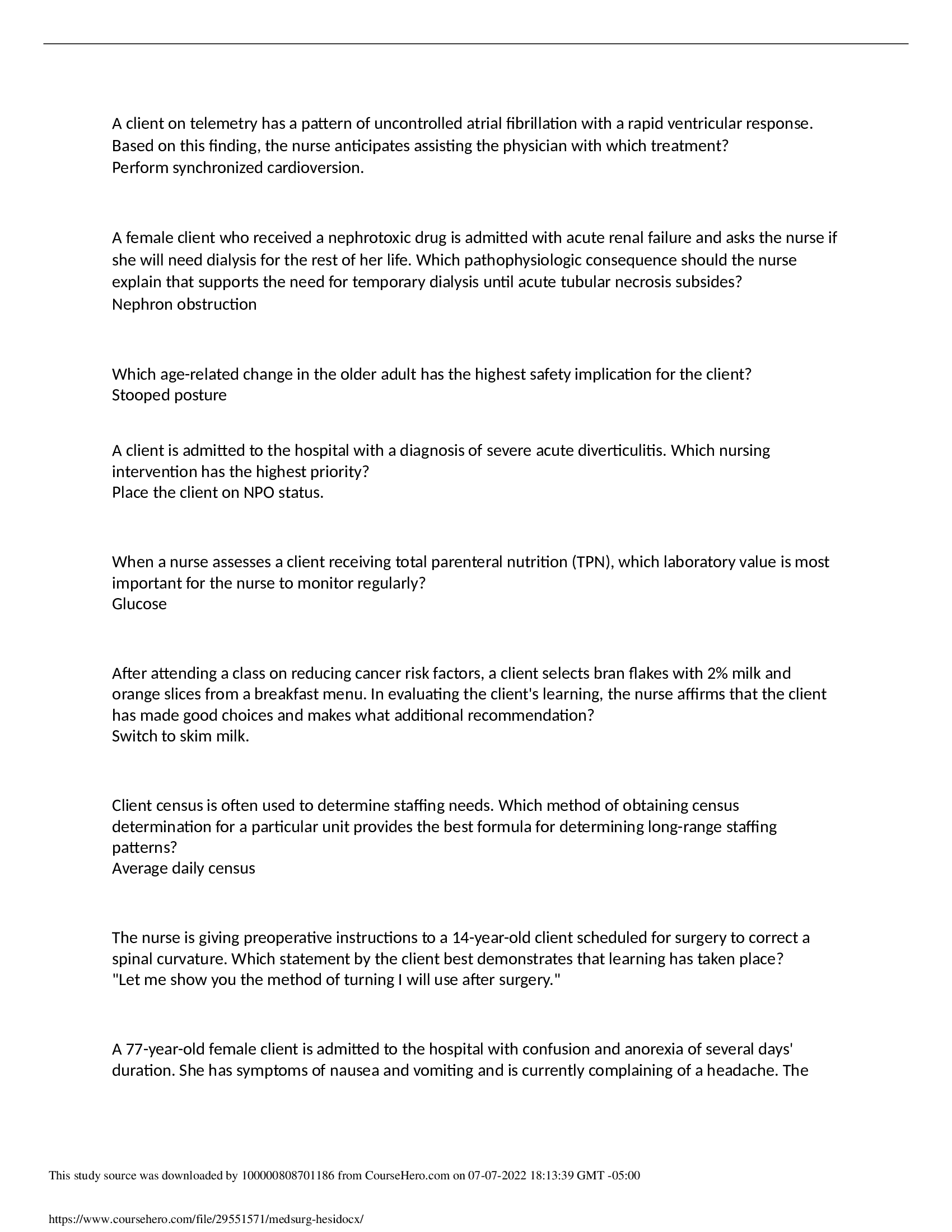 HESI MED SURG EXAM (all correct answers) Already Graded A