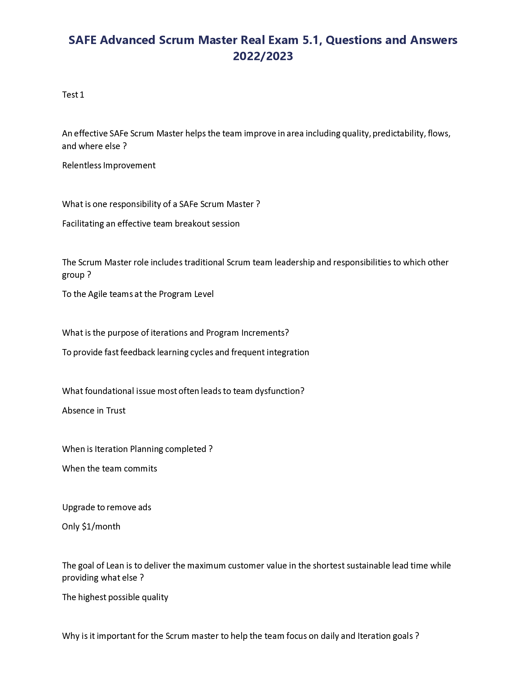 SAFe Advanced Scrum Master Real Exam 5.1, Questions and Answers 2022, 2023