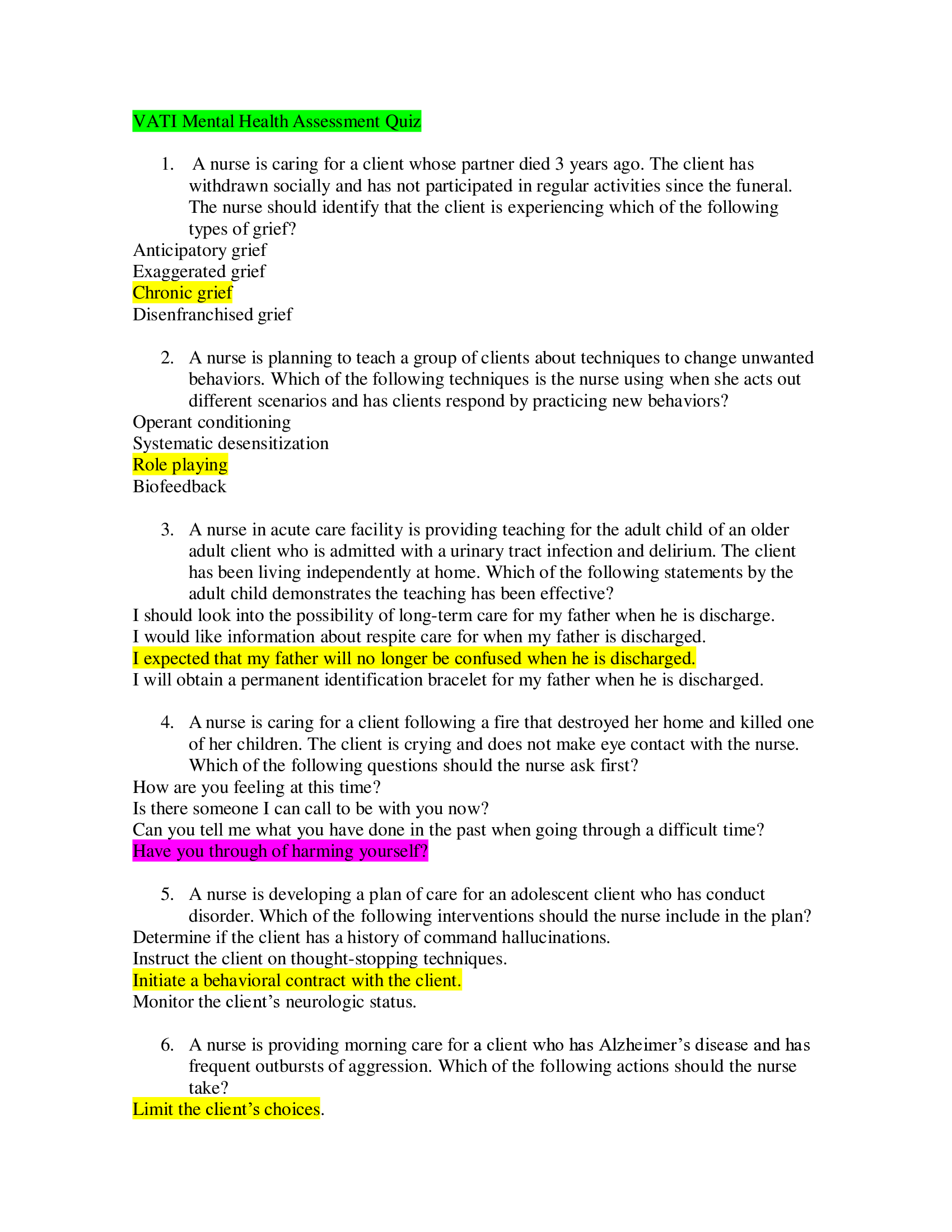 VATI Mental Health Assessment Quiz with Verified Answers