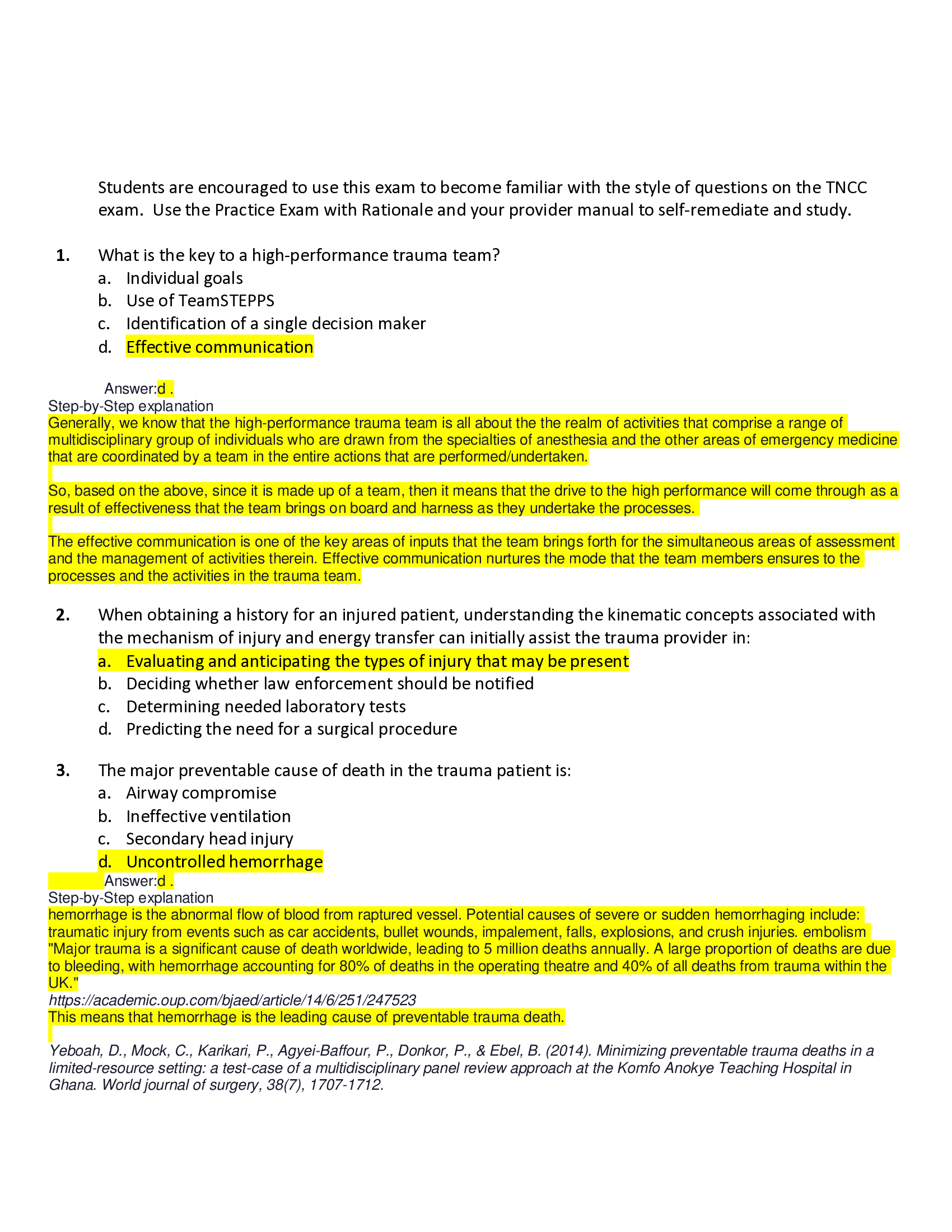 TNCC Practice exam test 2021 Questions And Answers.