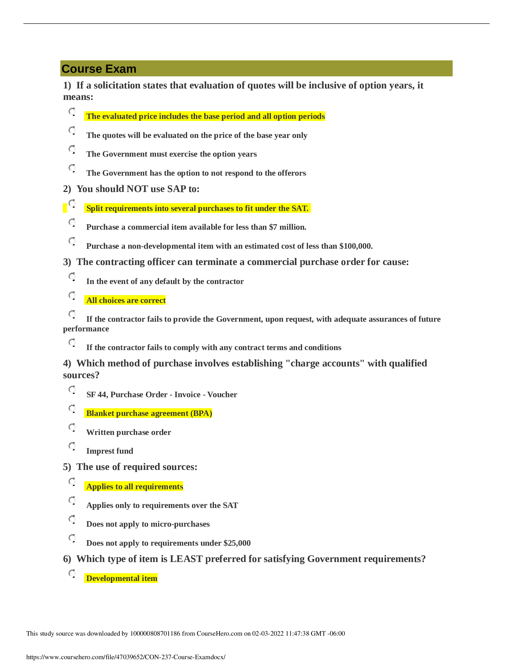 CON 237 Simplified Acquisition Procedures Course Exam [Answers Provided] REVISED