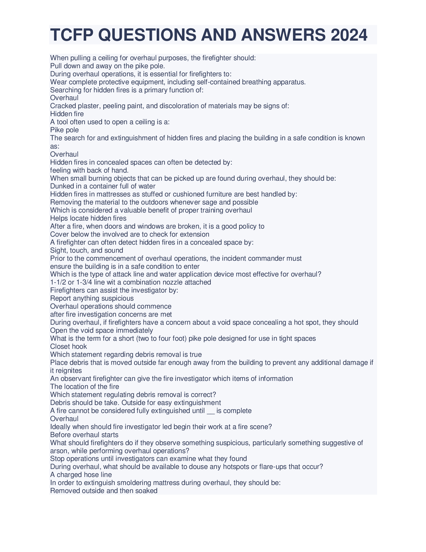 (TCFP) Texas Commission on Fire Protection - QUESTIONS AND ANSWERS, 2024