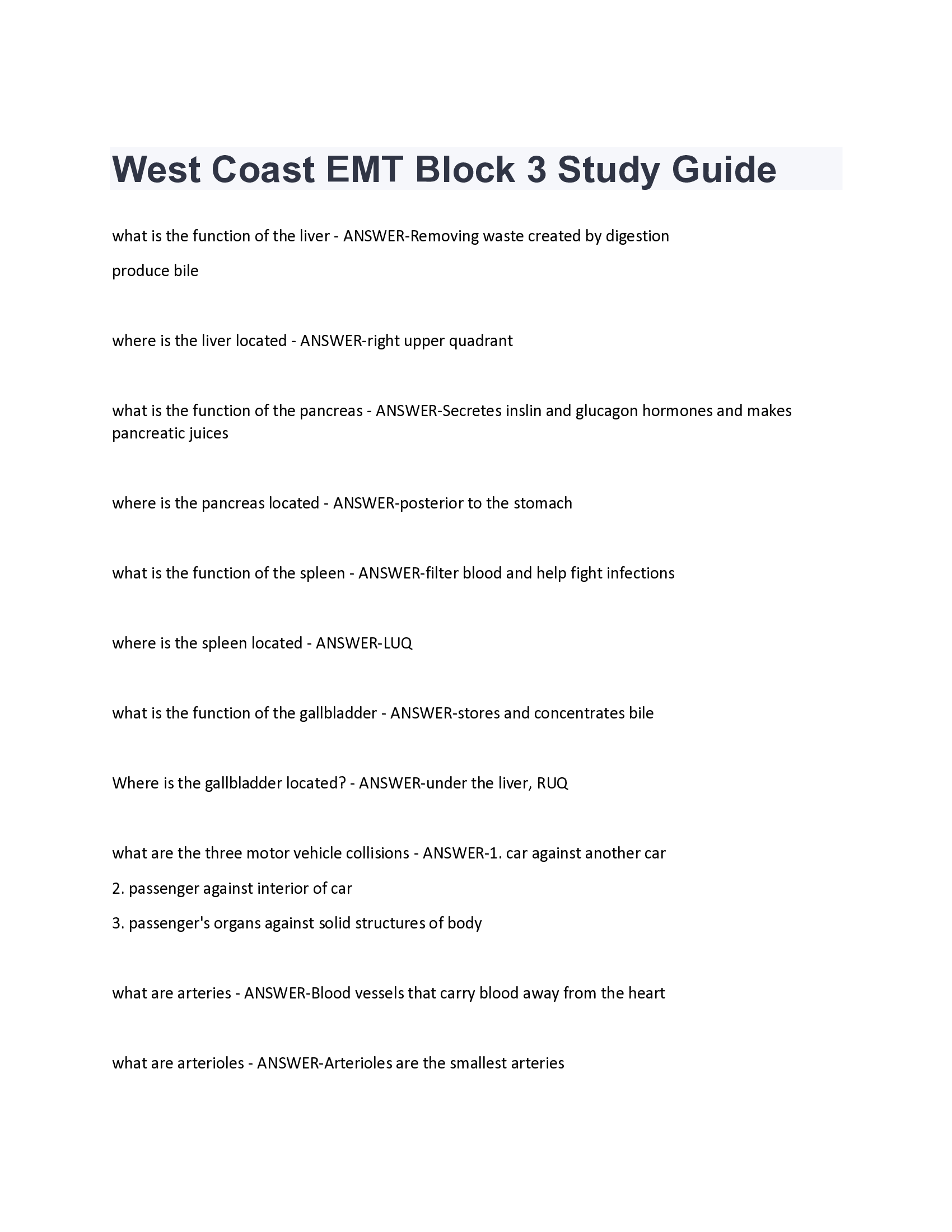 West Coast EMT Block 3 Study Guide Questions and Answers