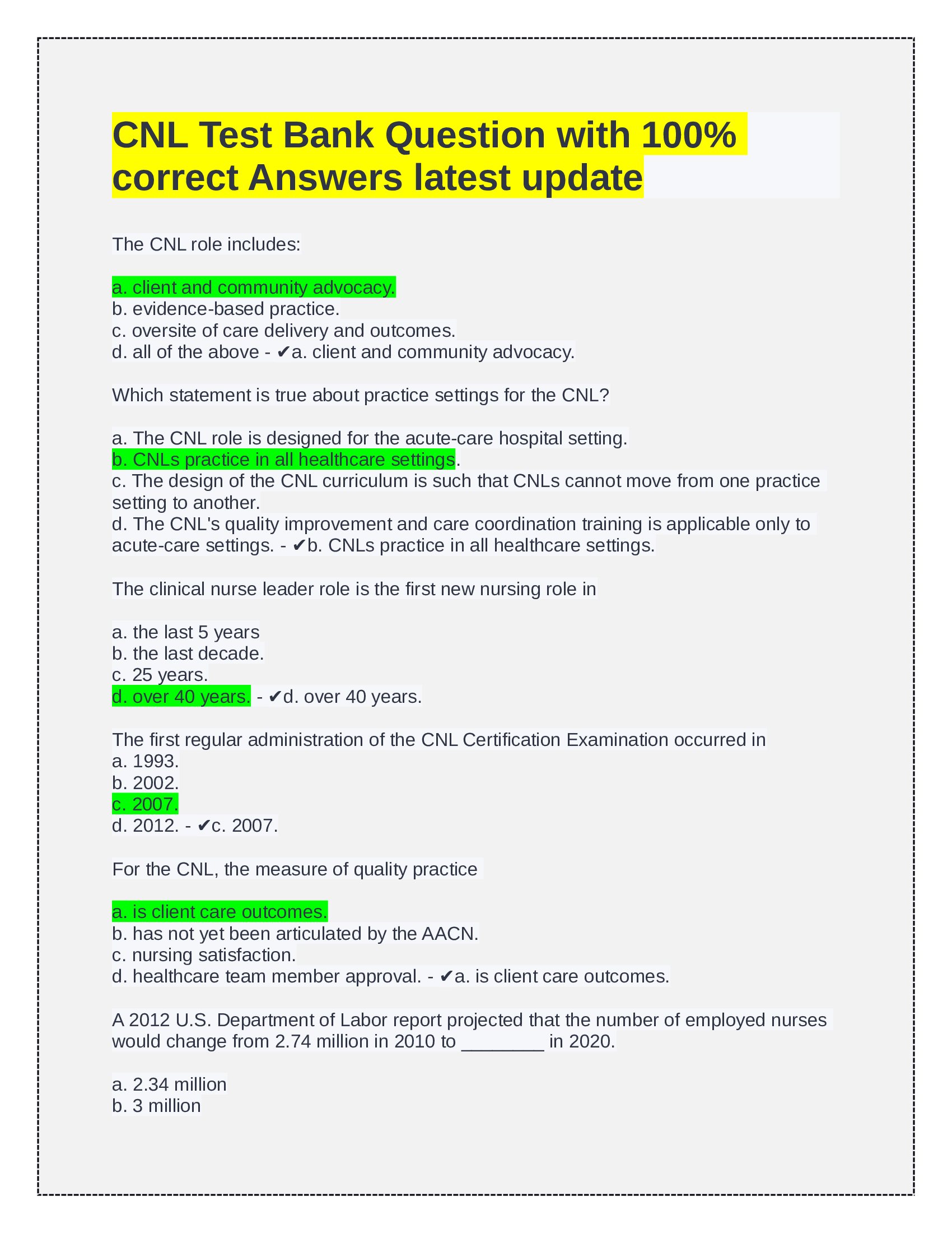 Clinical Nurse Leader, CNL Test Bank Question with correct Answers latest update