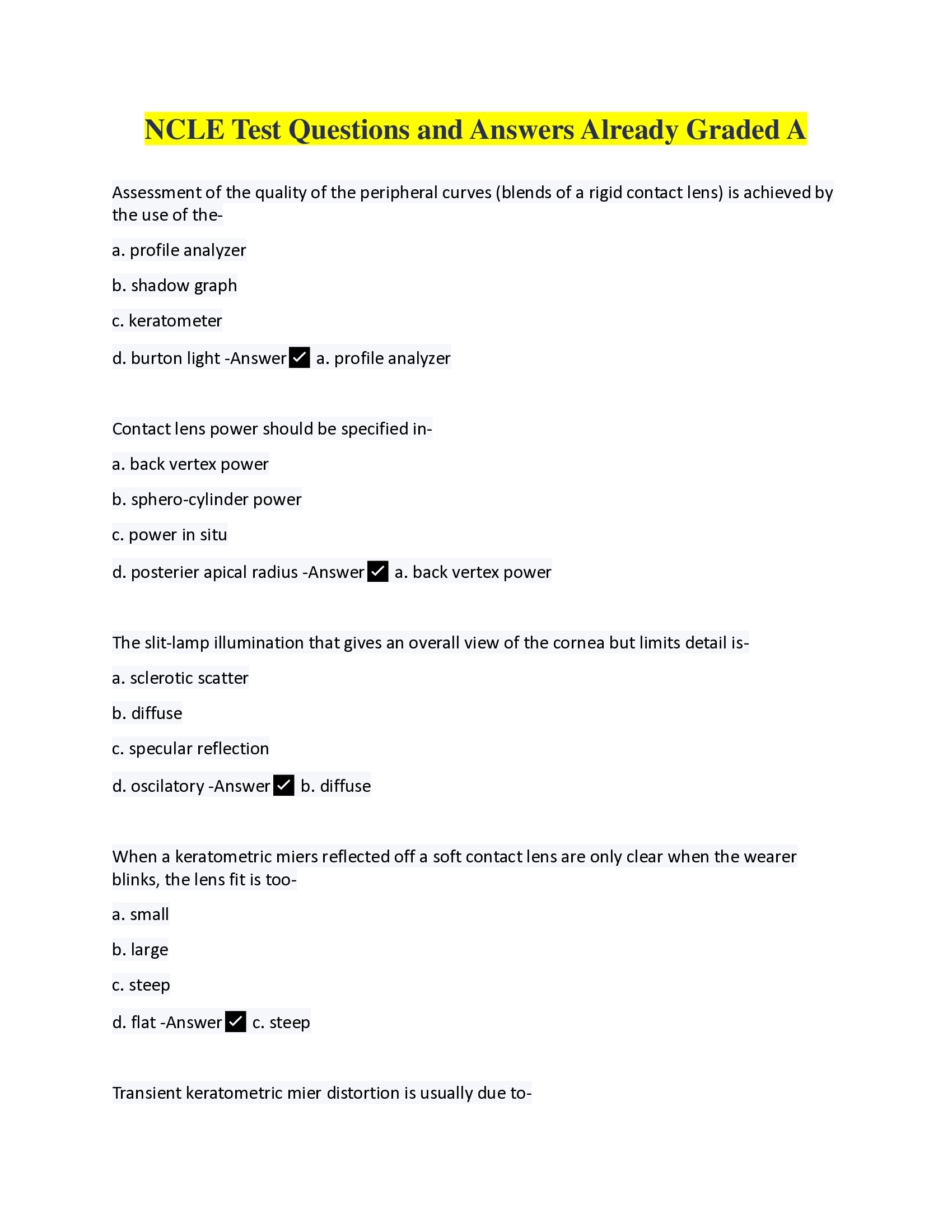 NCLE Test Questions and Answers Already Graded A