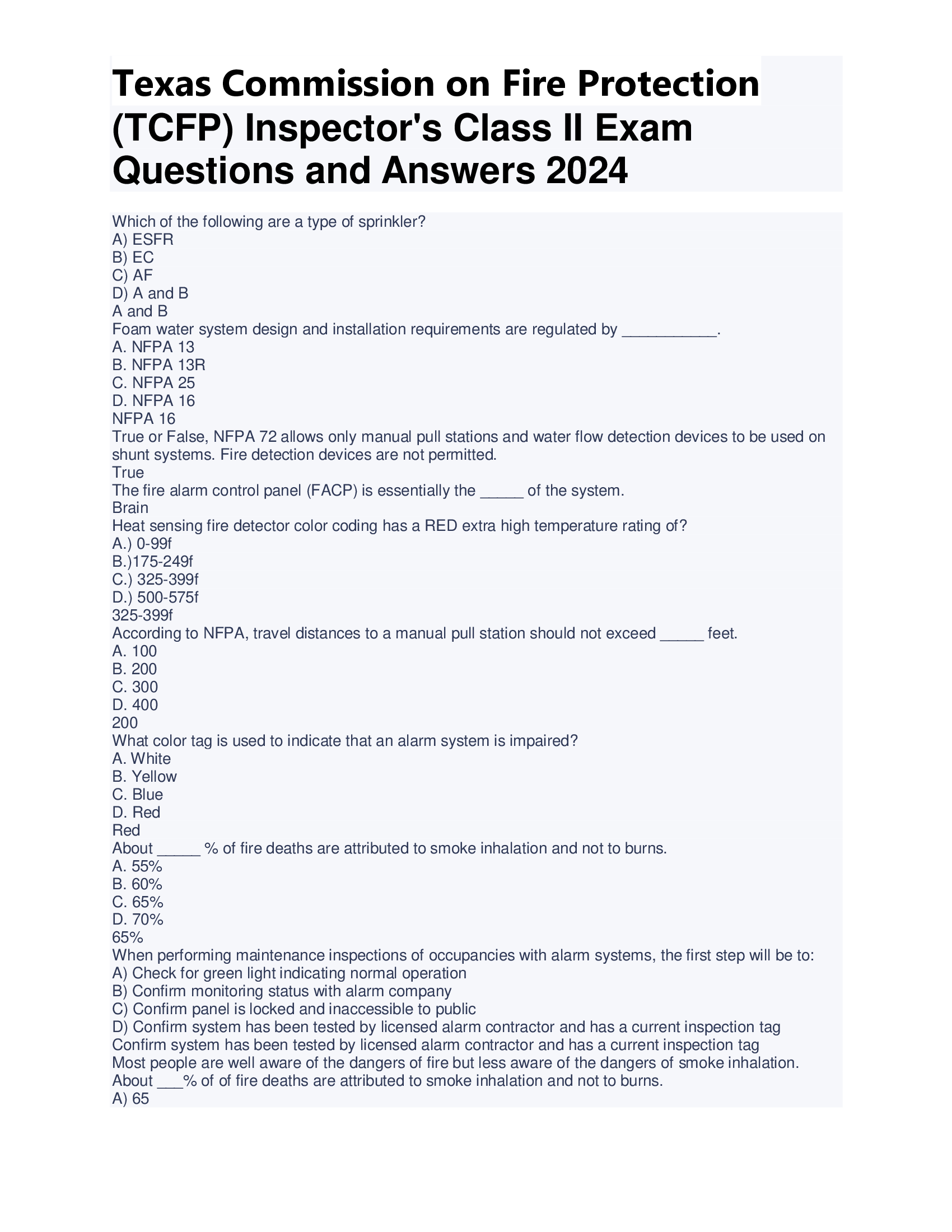 Texas Commission on Fire Protection (TCFP) Inspectors Class II Exam  Questions and Answers 2024