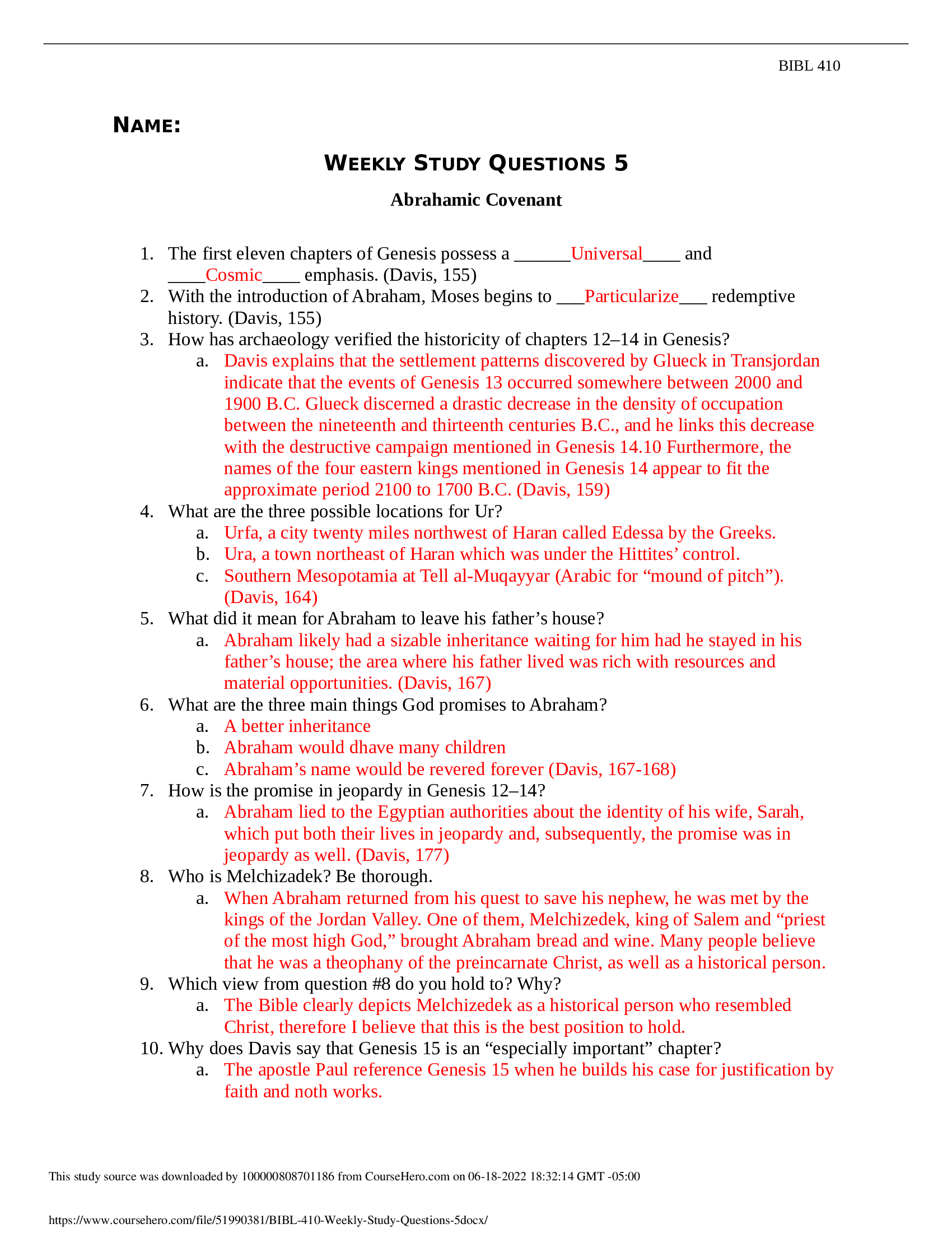 BIBL 410 Weekly Study Questions 5 Liberty University answers complete solutions.