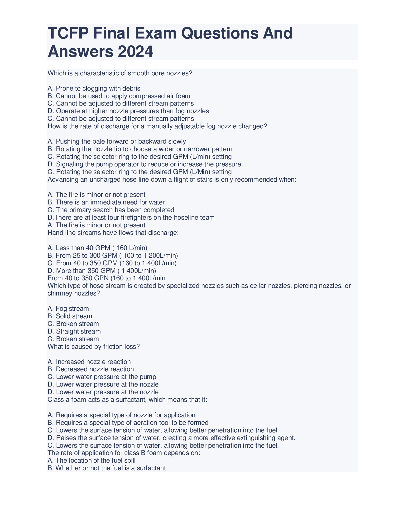 Texas Commission on Fire Protection (TCFP) Final Exam Questions And Answers 2024
