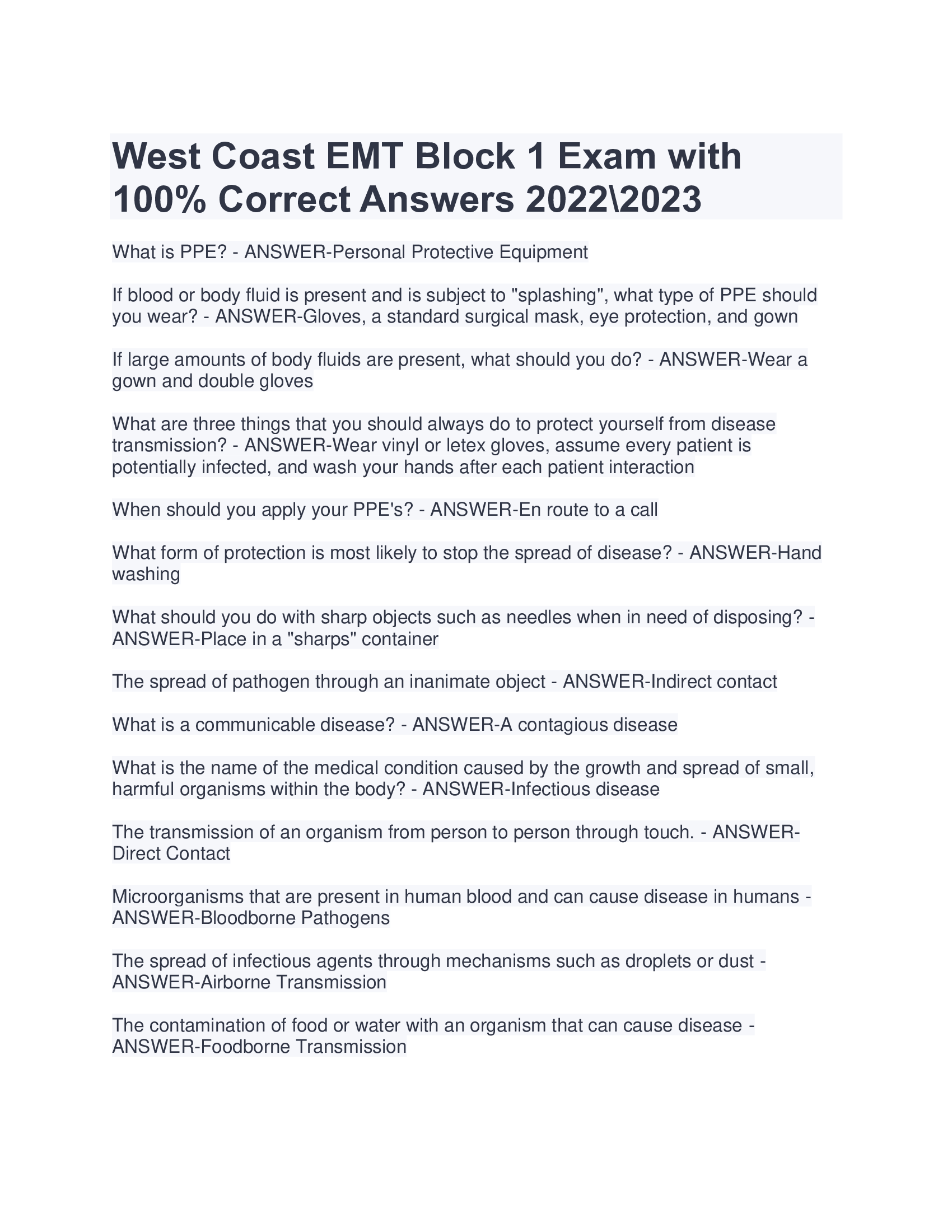 West Coast EMT Block 1 Exam with Correct Answers 2022, 2023