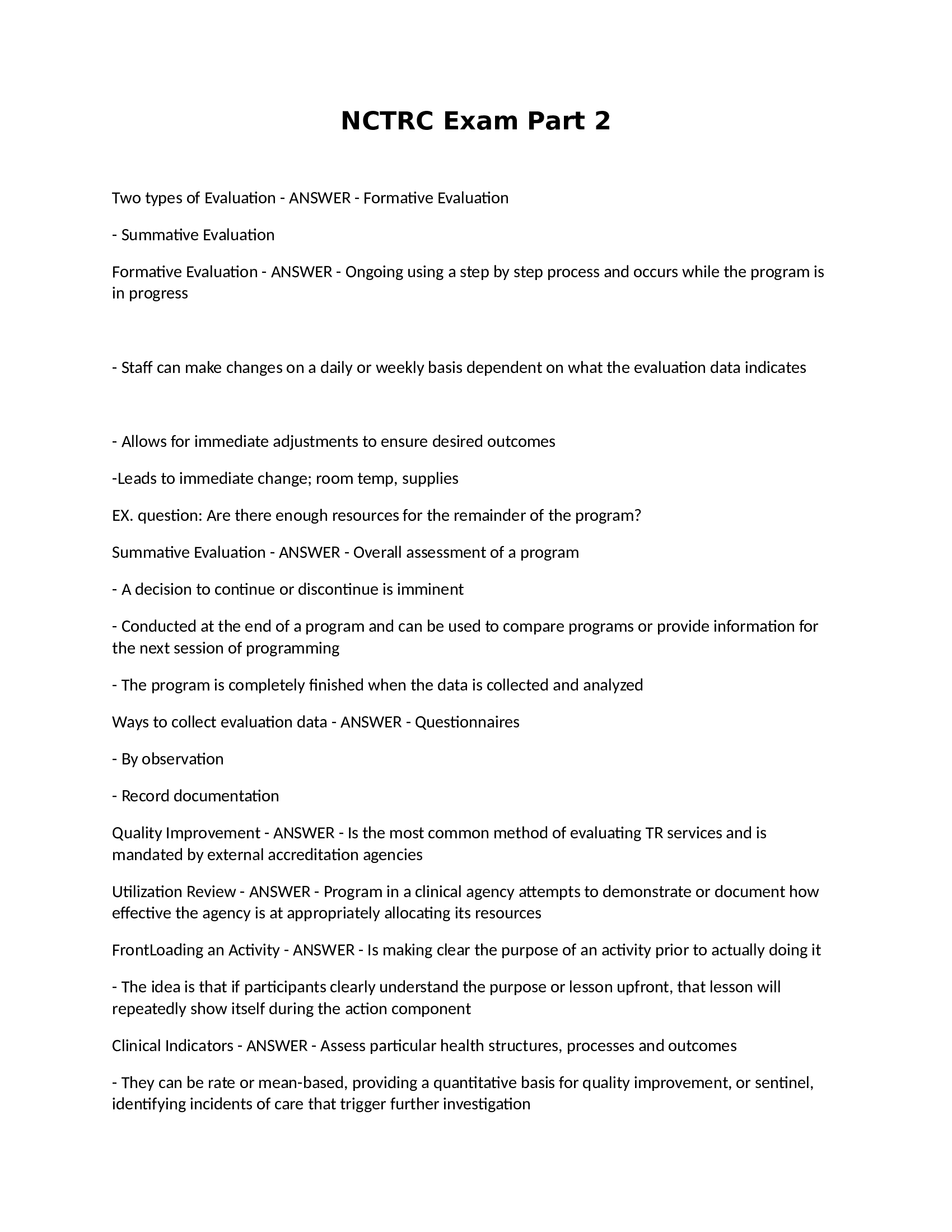 NCTRC: National Council For Therapeutic Recreation Certification Exam 2 (answers) 2024