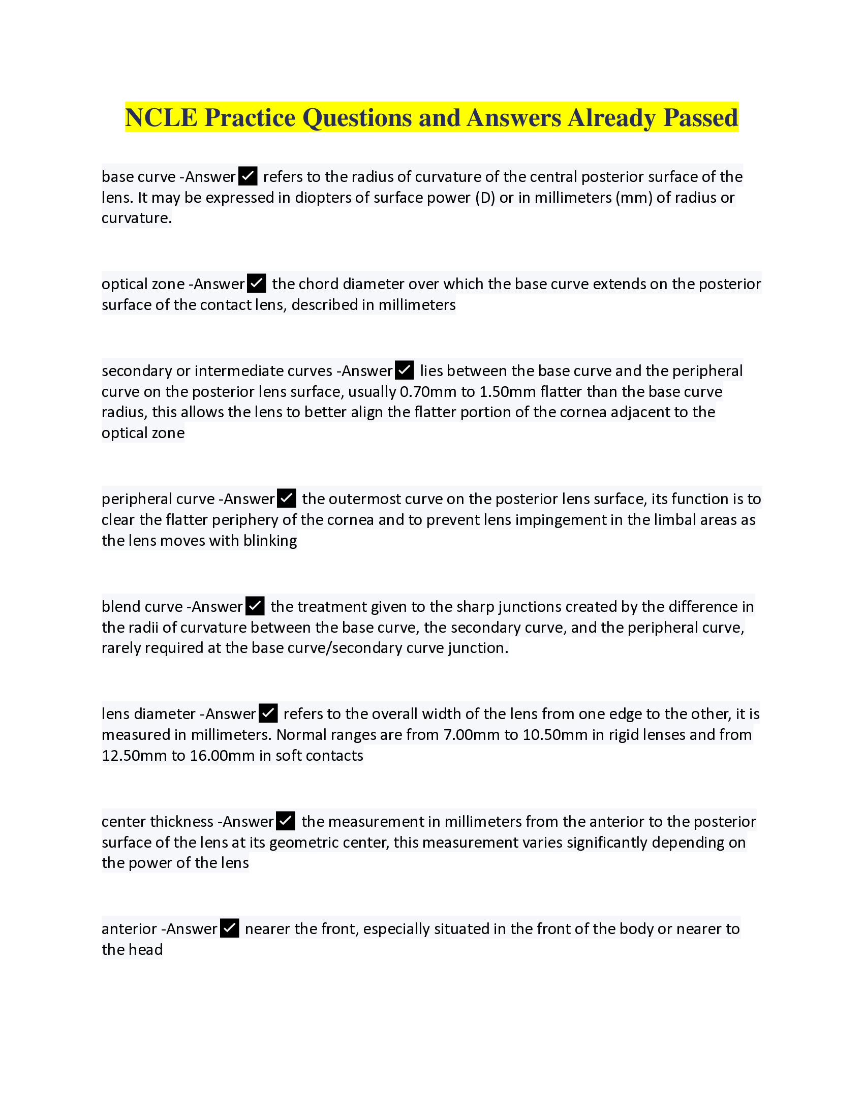 ABO & NCLE Practice Exam Questions and Answers Already Passed.