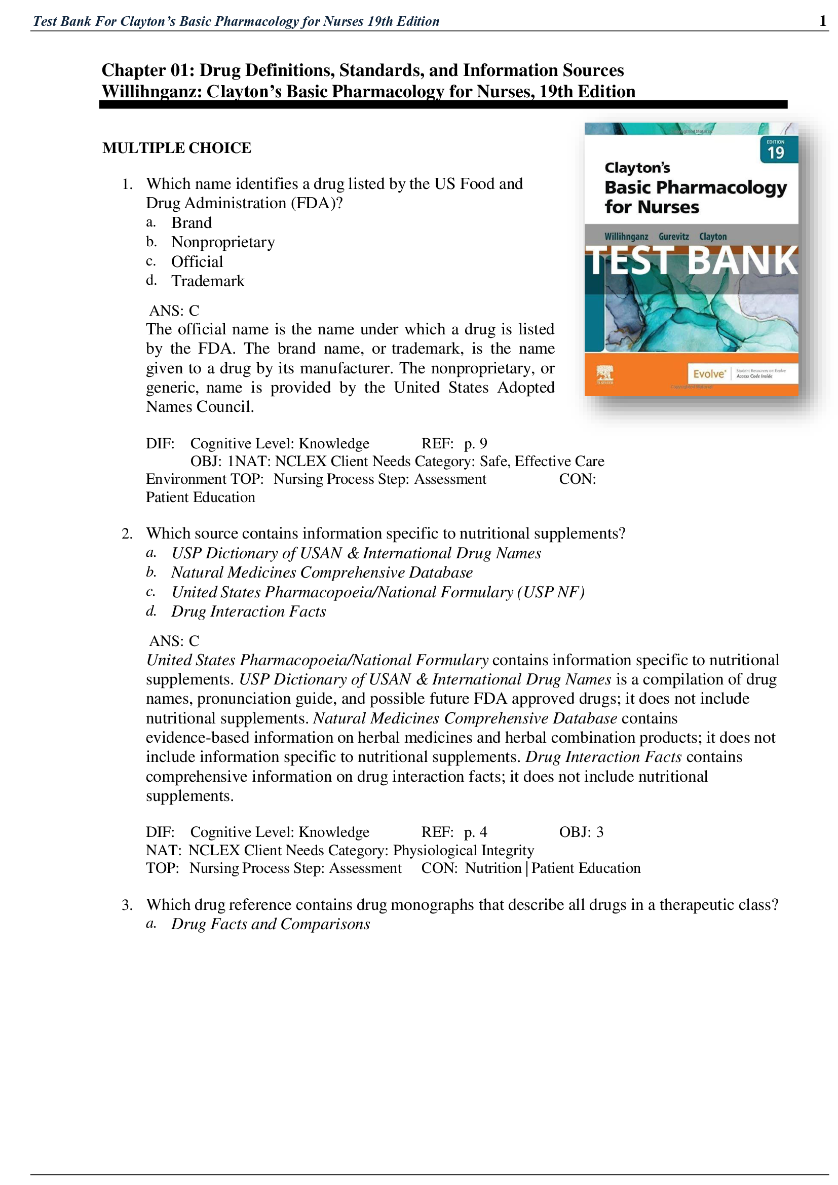 Test Bank and Solutions For Clayton's Basic Pharmacology for Nurses 19th Edition by Michelle J. Willihnganz.