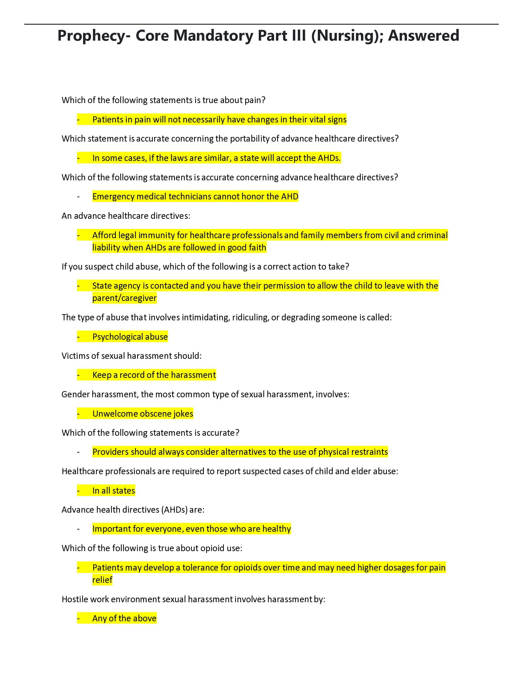 Prophecy- Core Mandatory Part III (Nursing) Answered 100% Correct