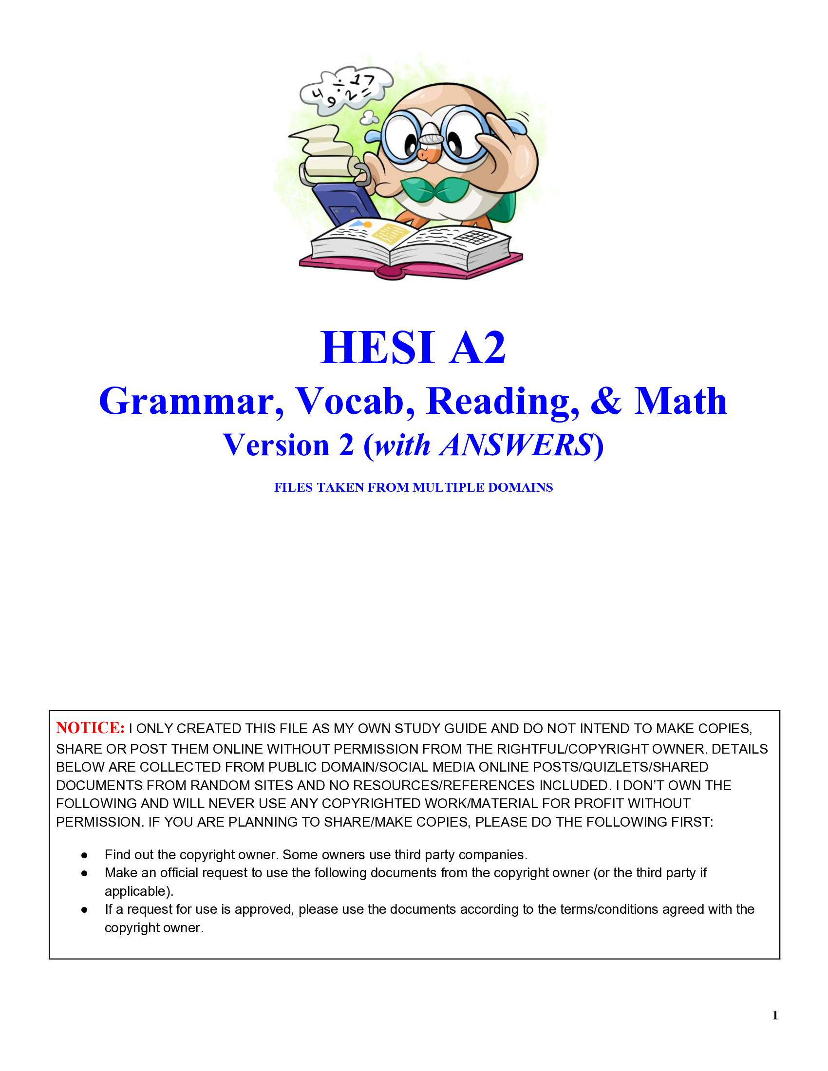 HESI A2 GRAMMAR, VOCAB, READING AND MATHS VERSION 2, 2026 HESI A2 Grammar, Vocab, Reading, & Math Version 2 WITH ANSWERS.