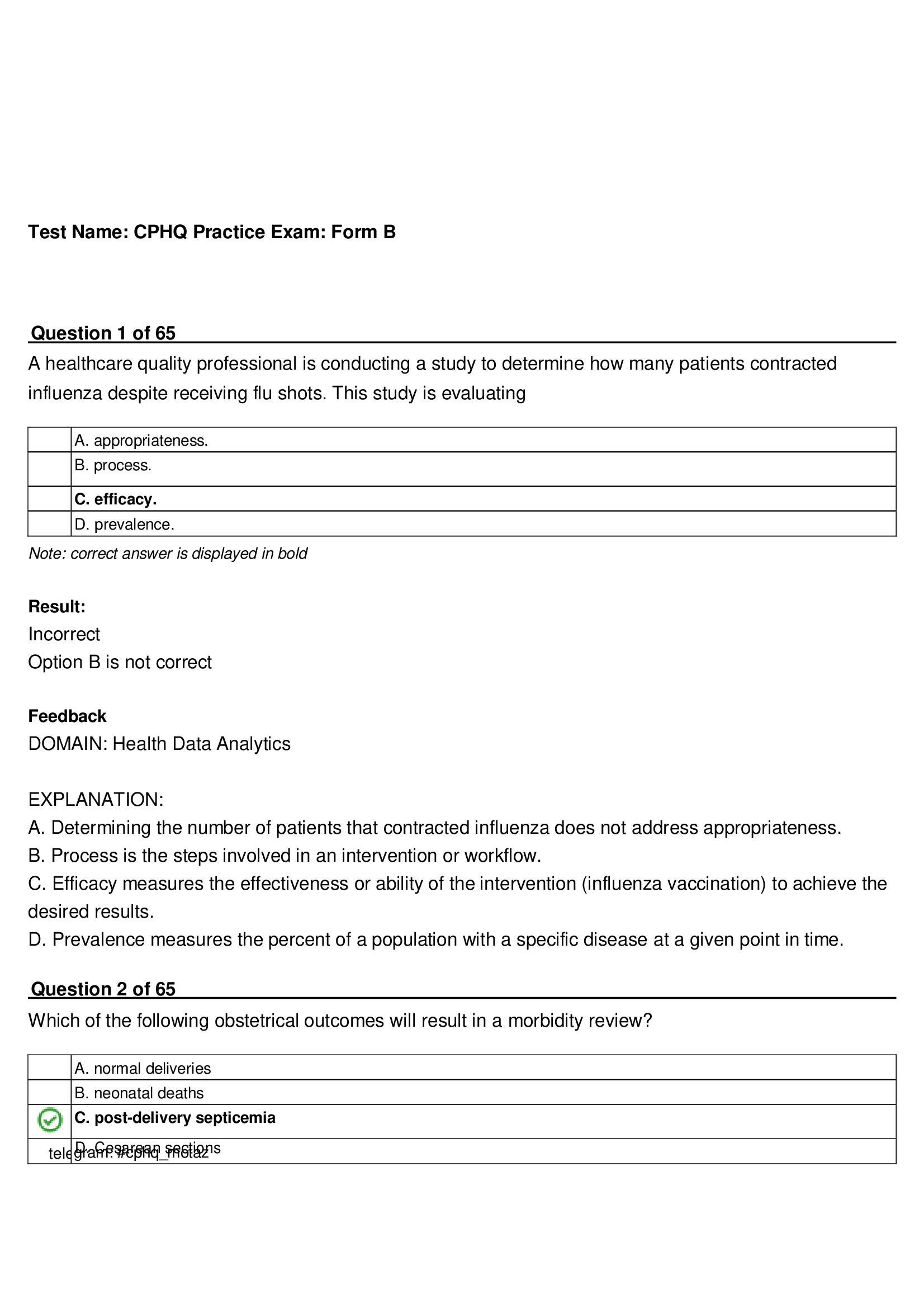 Certified Professional in Healthcare Quality Certification Exam B (correct answers are displayed in bold) 2022