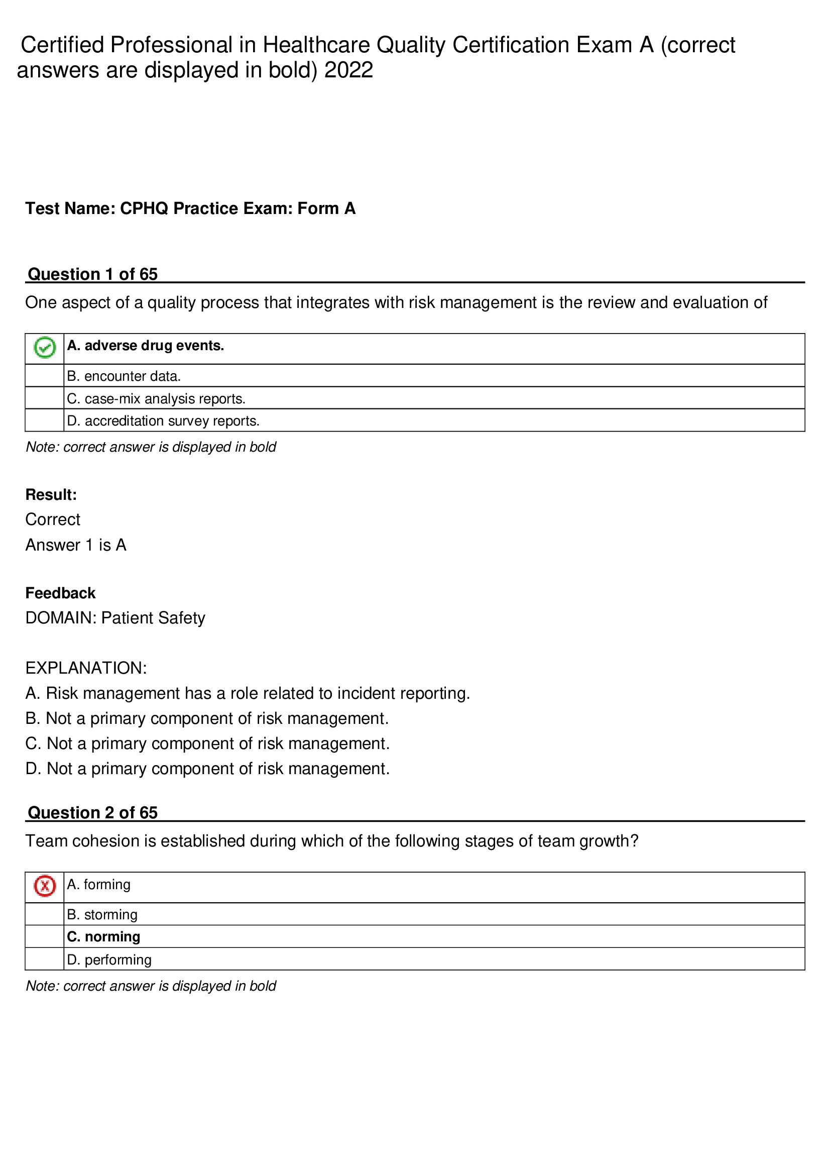 CPHQ-Certified Professional in Healthcare Quality Certification Exam A (correct answers are displayed in bold) 2022