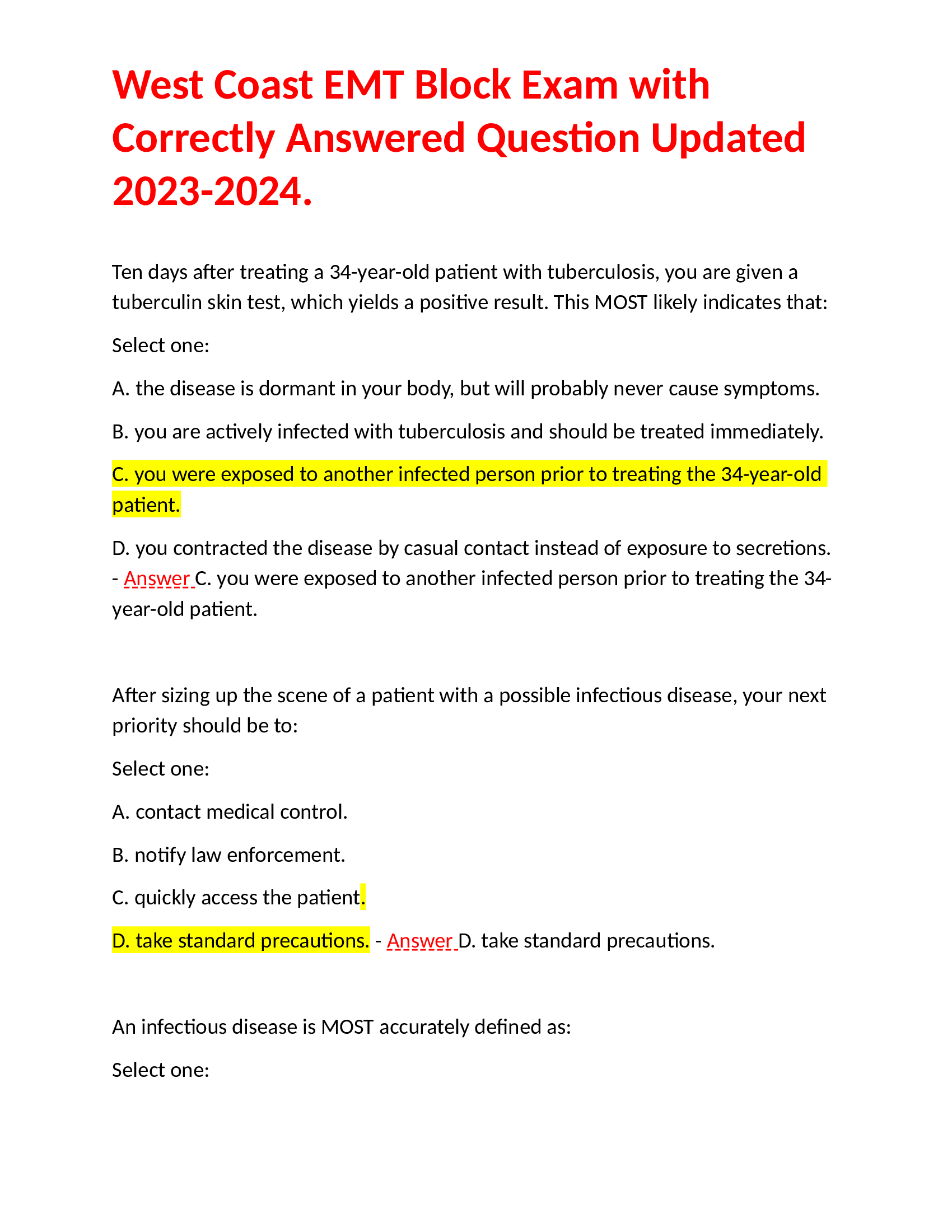 West Coast EMT Block Exam with Correctly Answered Questions Updated 2023-2024