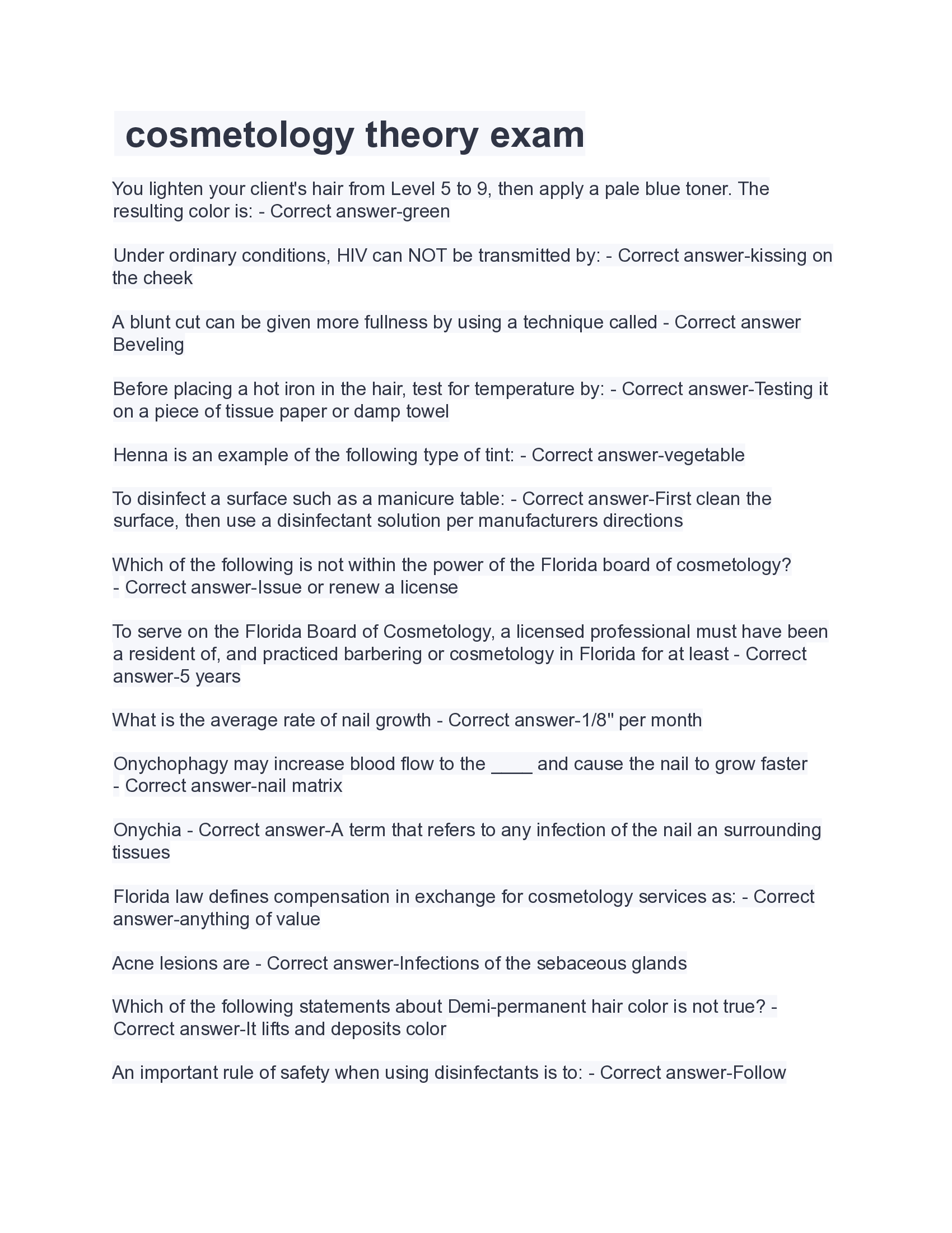 Cosmetology Theory Exam 2026