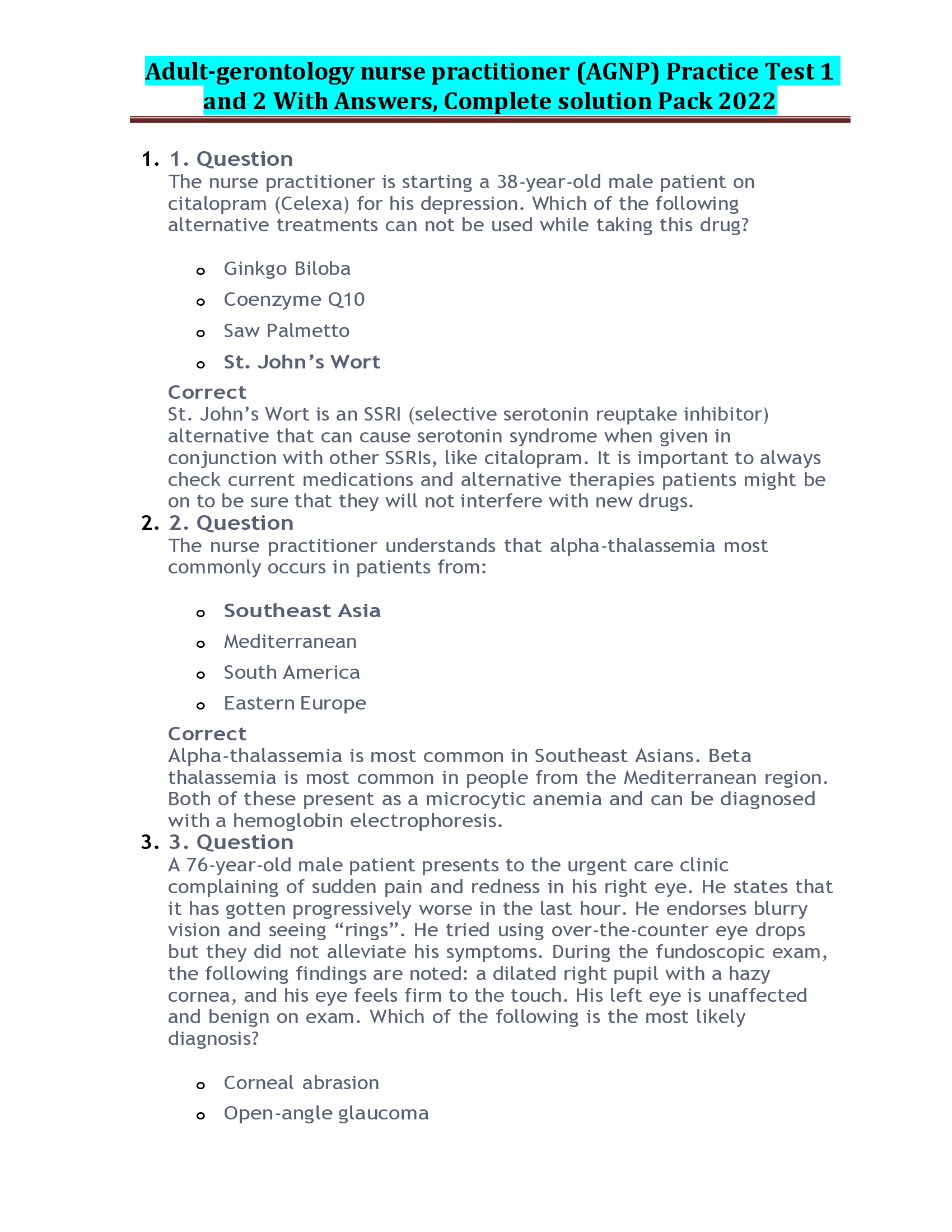 adult-gerontology nurse practitioner (AGNP) Practice Test 1 and 2 With Answers, Complete solution Pack 2022