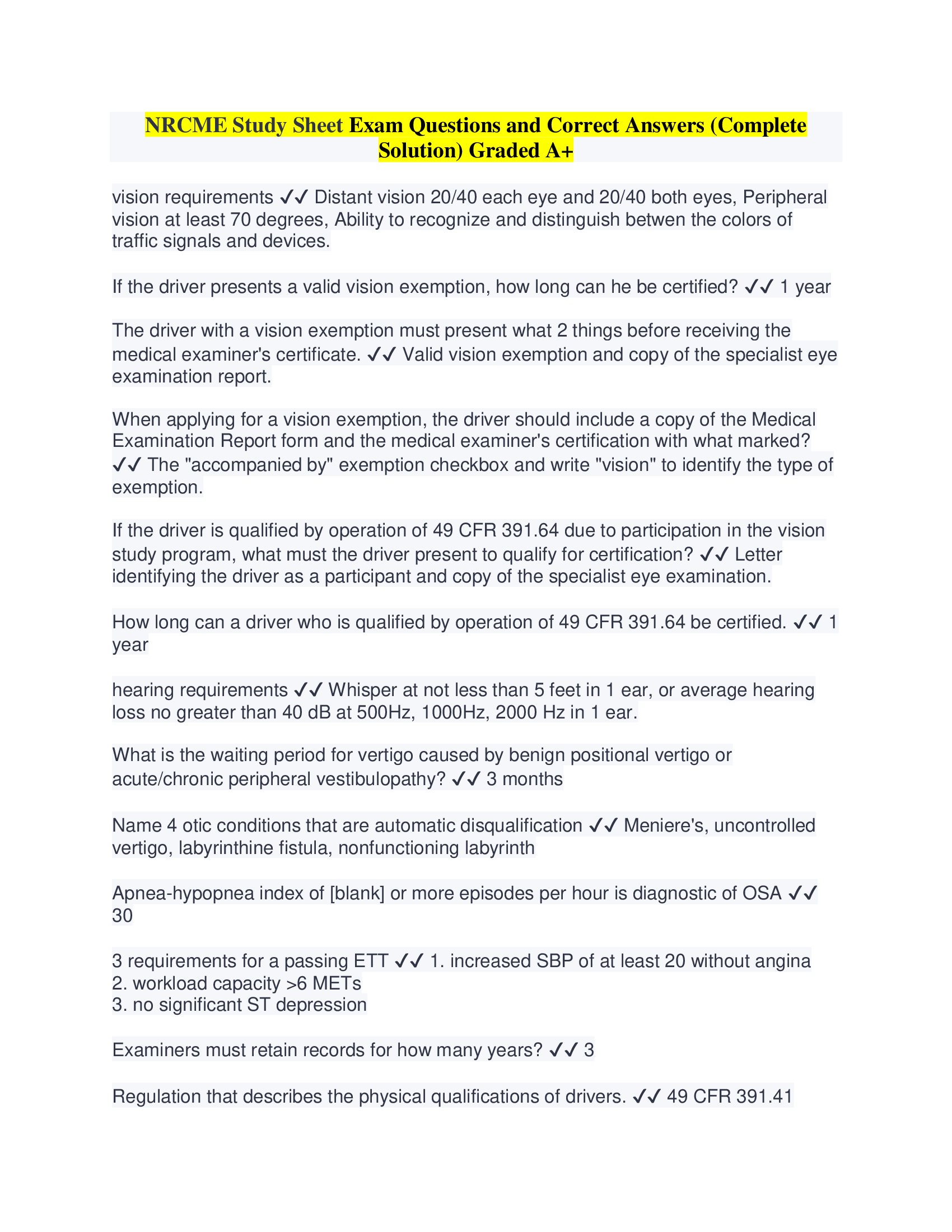 NRCME Study Sheet Exam Questions and Correct Answers (Complete Solution) Graded A+