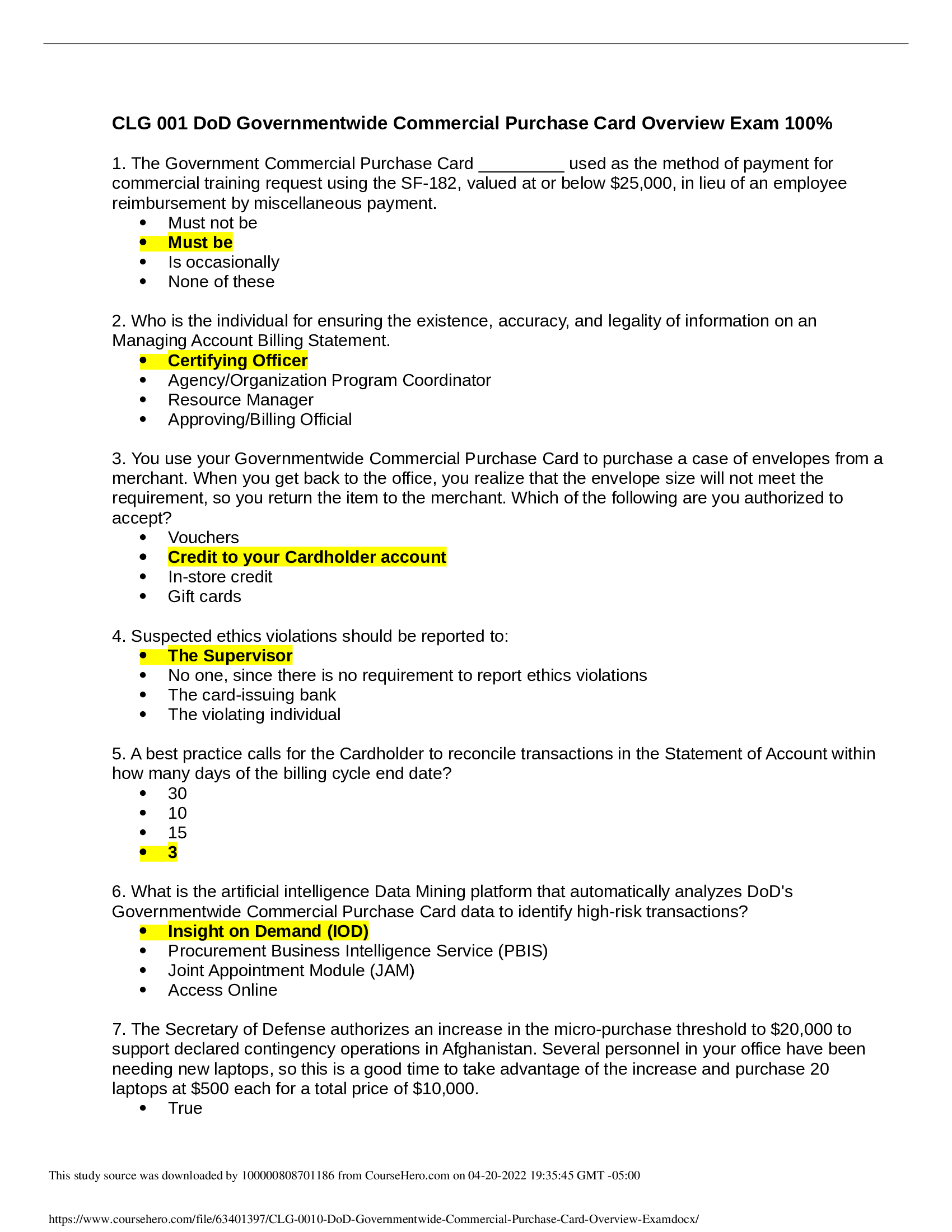 CLG 001 DoD Governmentwide Commercial Purchase Card Overview Exam 100% Correct Answers