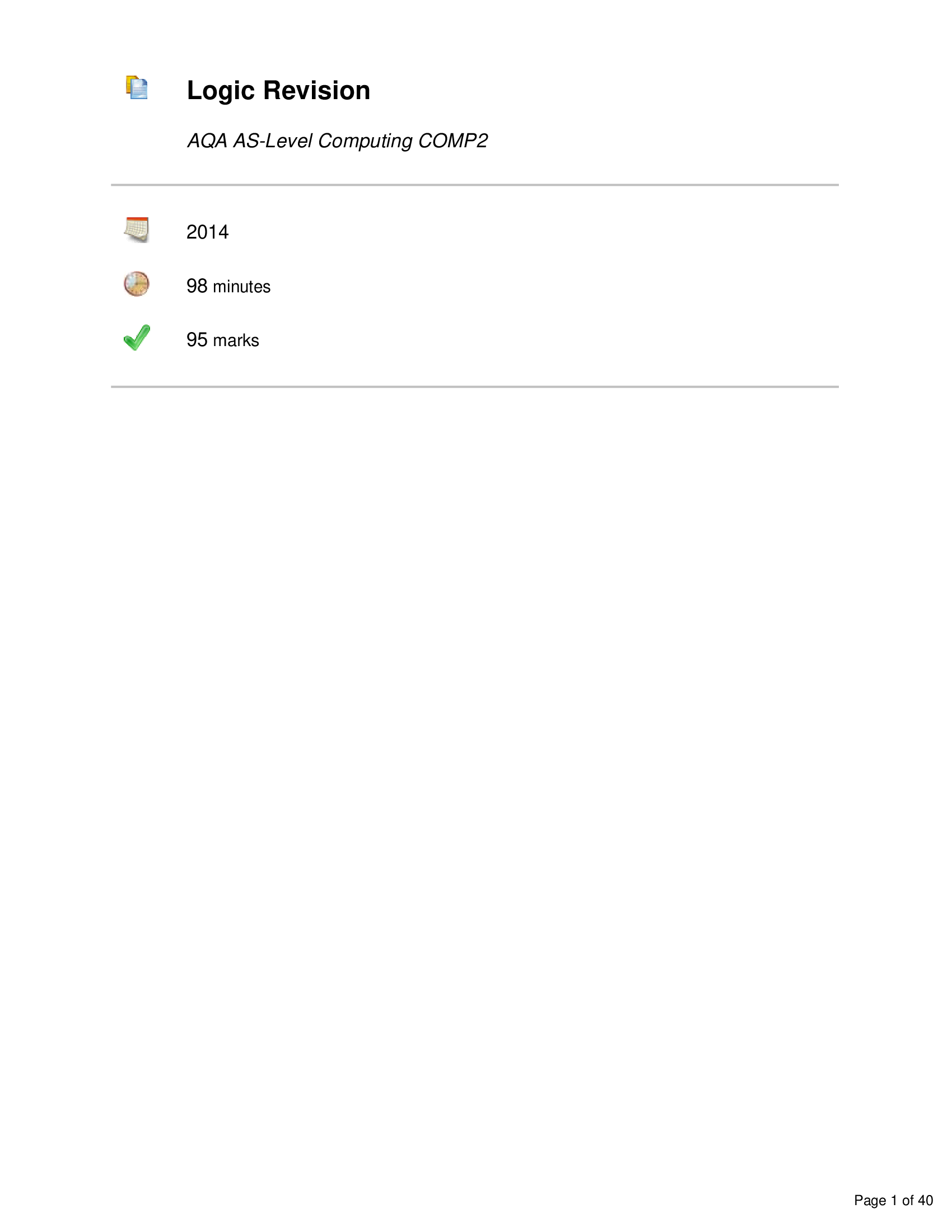 AQA AS-Level Computing COMP 2. 98 minutes. 95 marks. Page 1 of 40