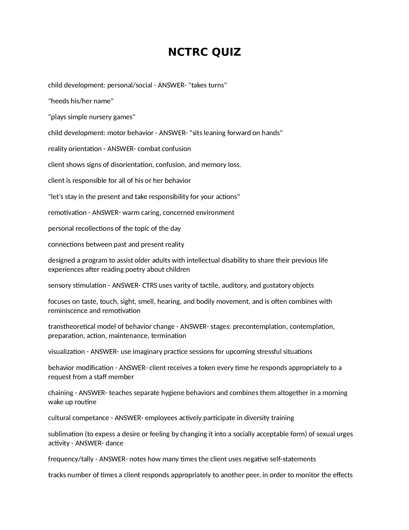 NCTRC: National Council For Therapeutic Recreation Certification Quiz with Answers 2024