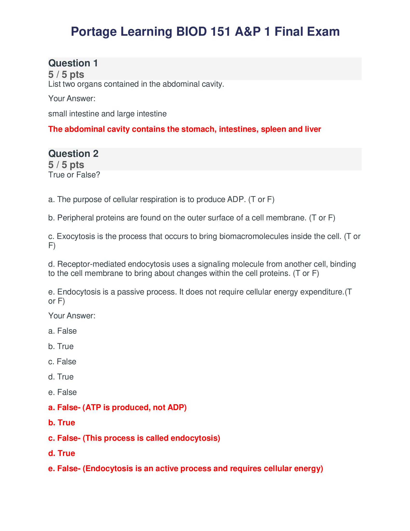 Portage Learning BIOD 151 A&P 1 Final Exam Answers