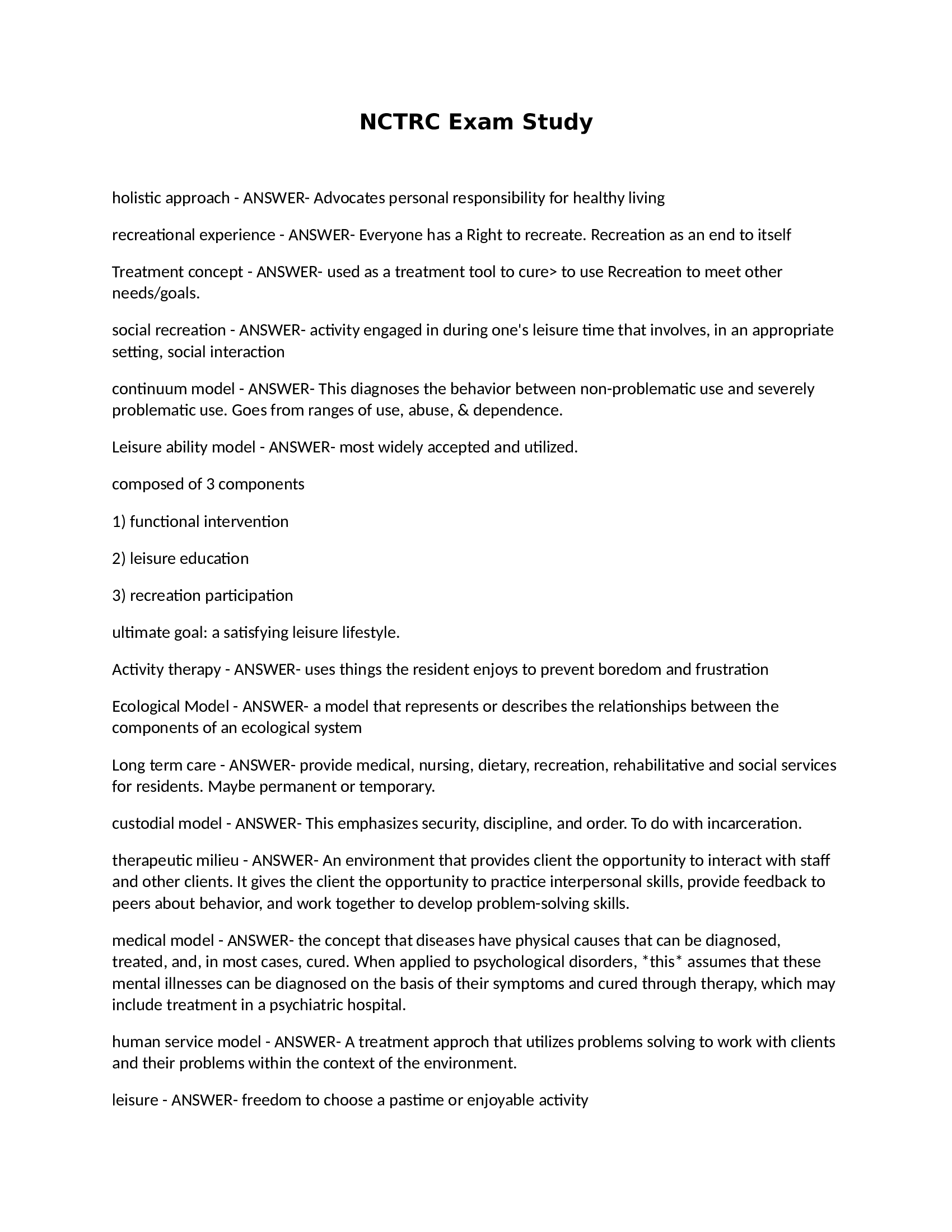 NCTRC: National Council For Therapeutic Recreation Certification Exam Study Guide (answers) 2024