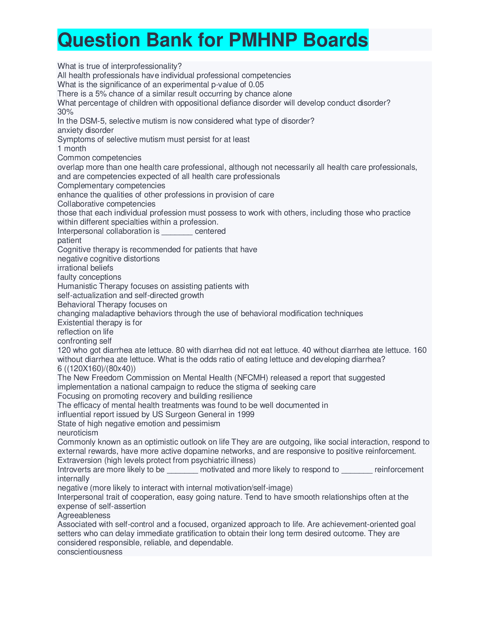 Psychiatric-Mental Health Nurse Practitioner (PMHNP) board certification exam - Question Bank