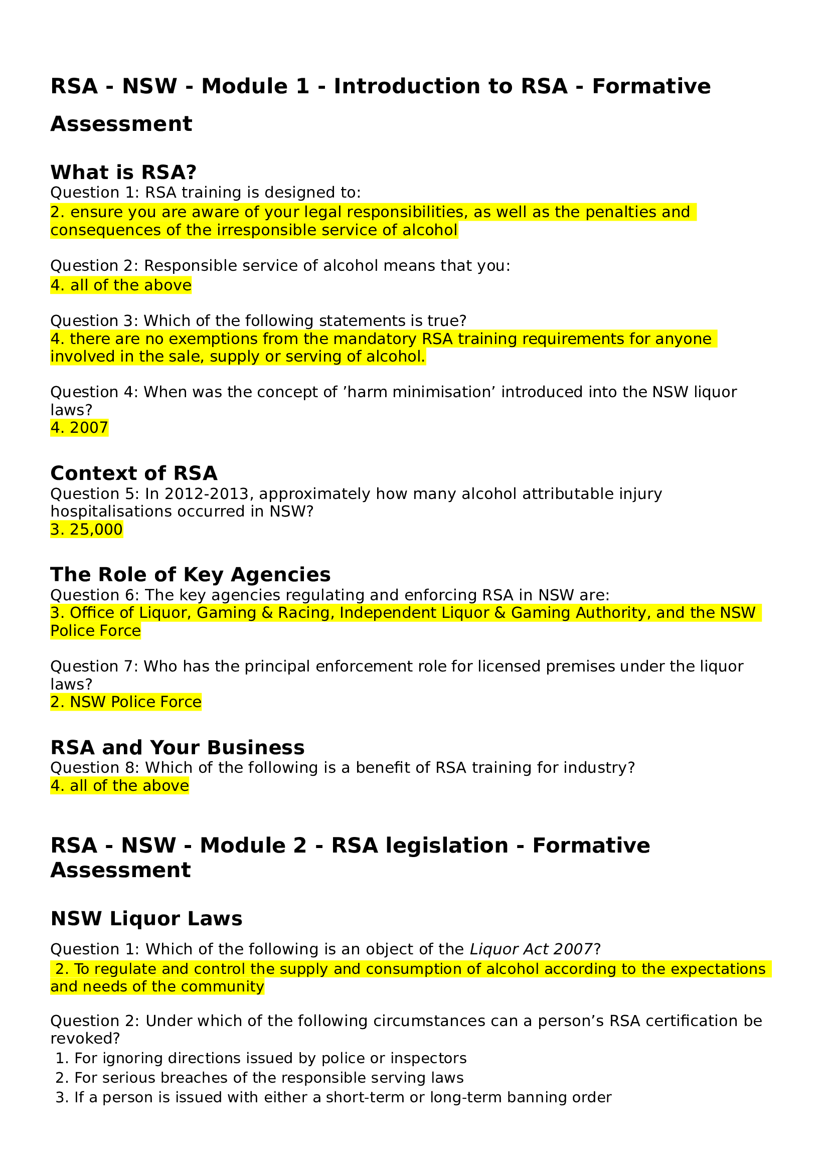 Responsible Service of Alcohol (RSA) | Food Safety First- NSW - Module 1 - Formative Assessment Questions and Answers