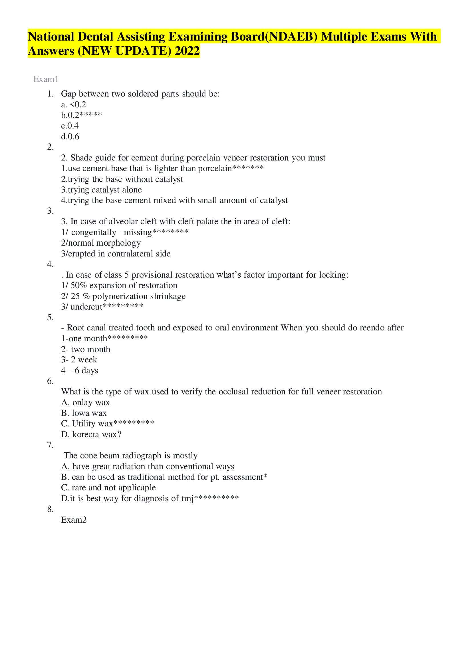 National Dental Assisting Examining Board(NDAEB) Multiple Exams With Answers (NEW UPDATE) 2022