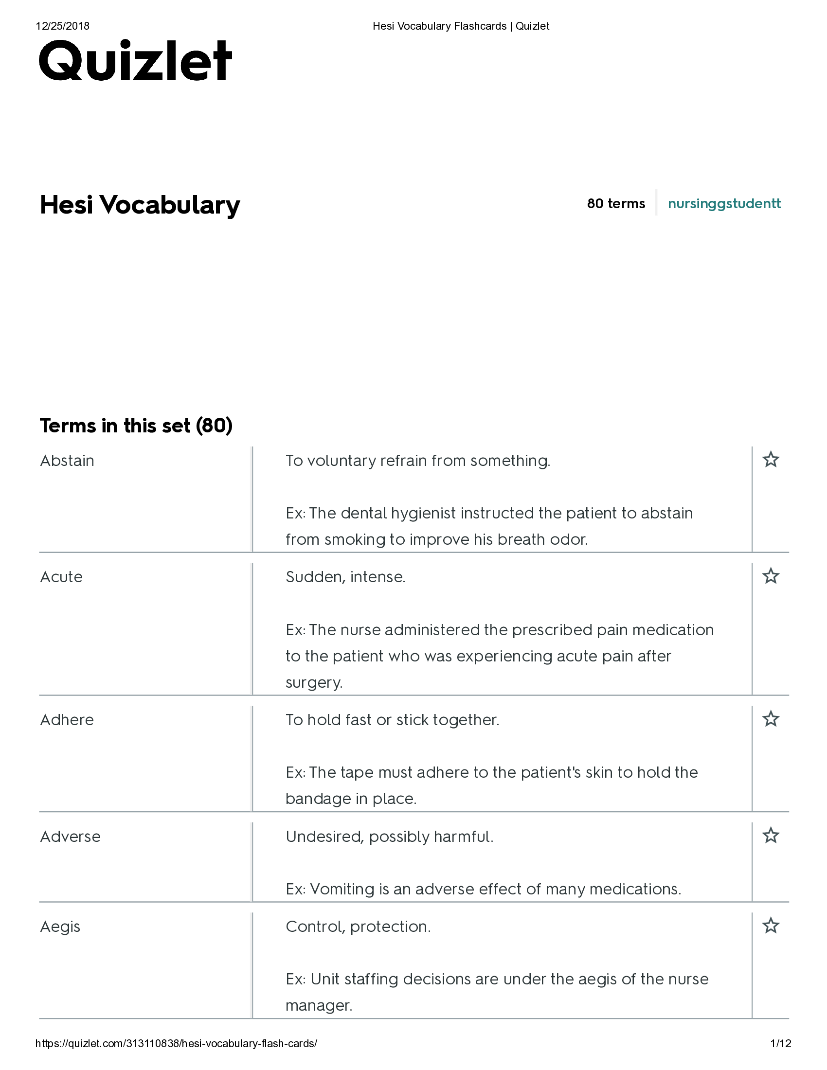HESI Vocabulary Flashcards - Quizlet [80 terms for nursing student]