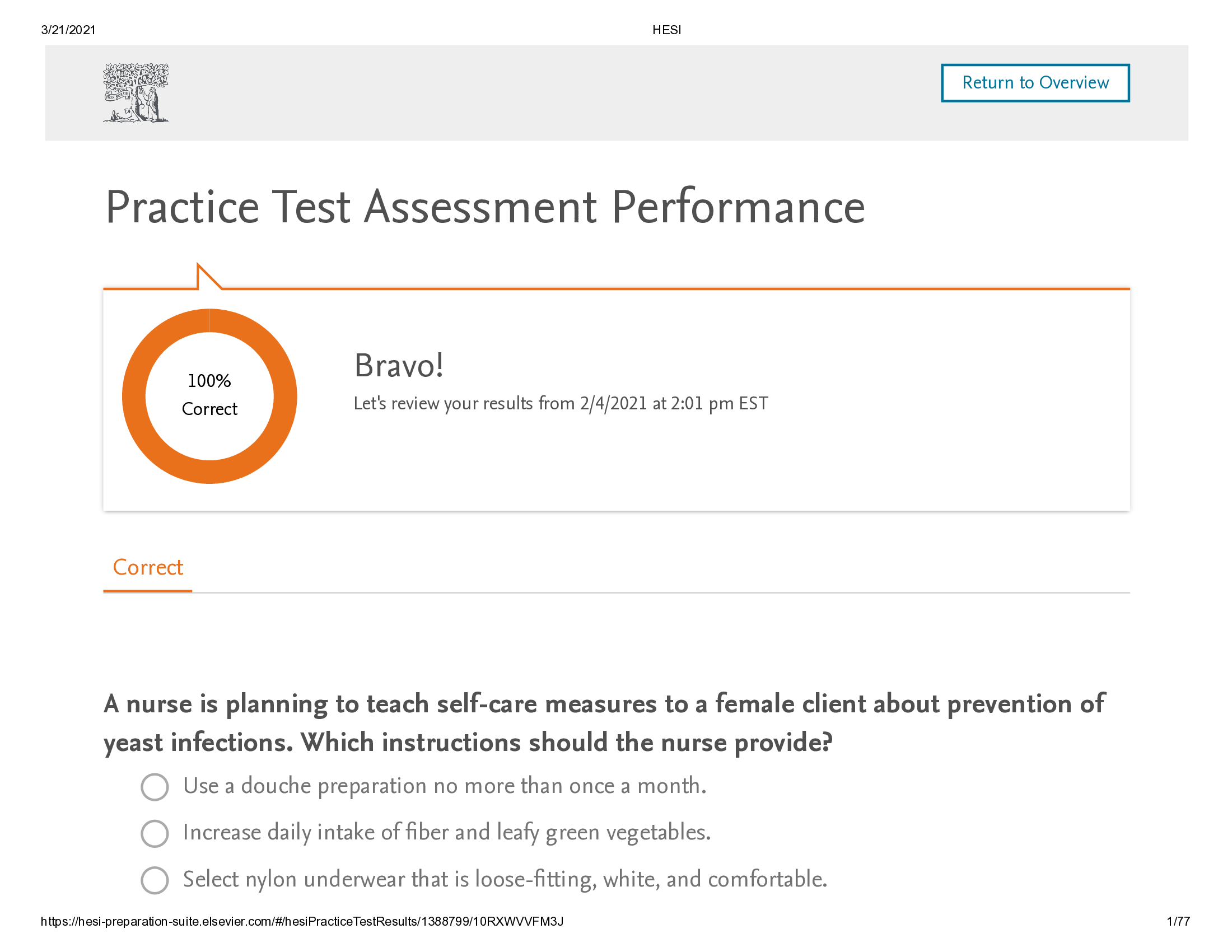 HESI Practice Test Comprehensive Exam Assessment Performance 100% Correct - 2021